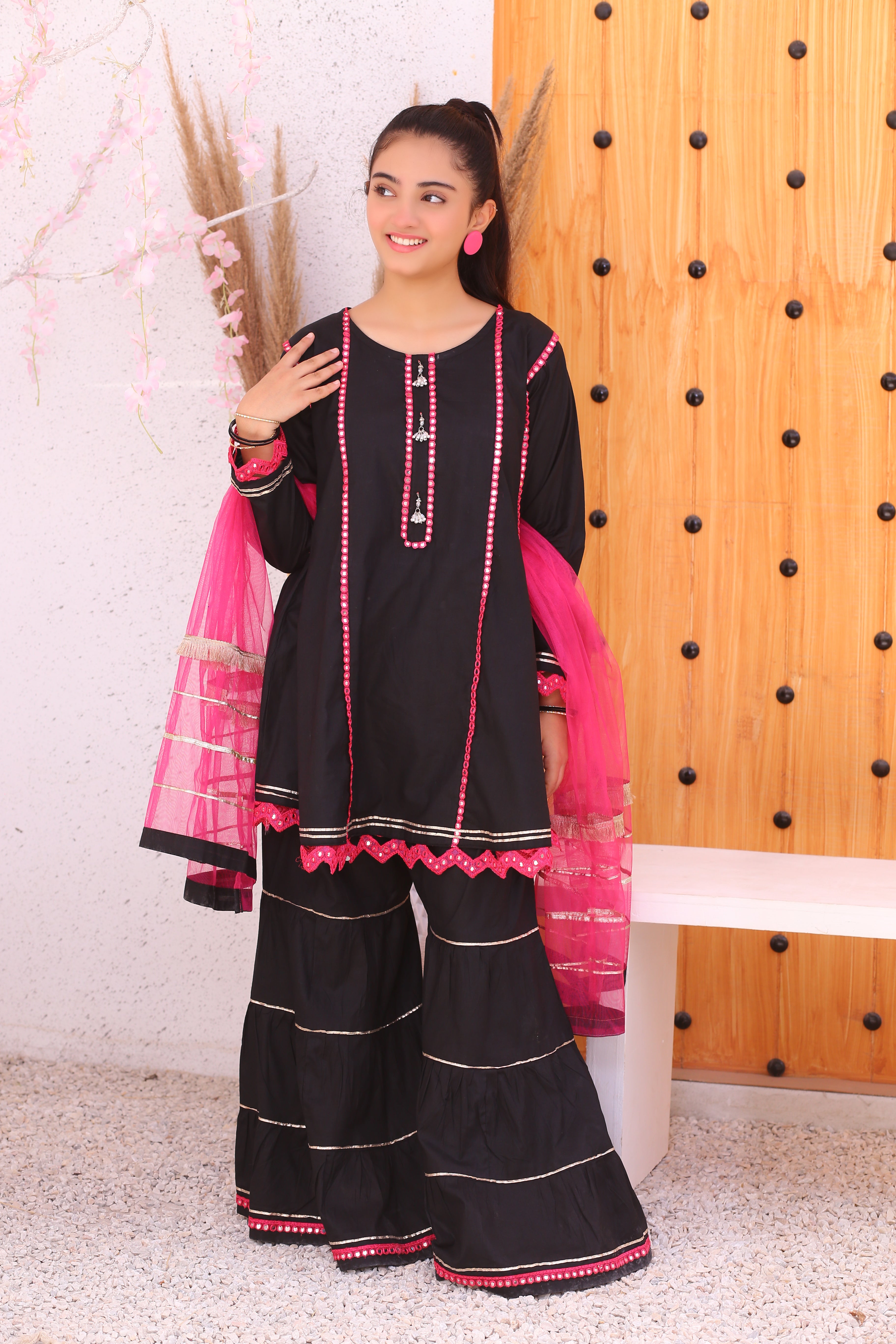 3 piece Stunning JET BLACK Cotton Gharara Suit with Shocking Pink net Dupatta & Shocking Pink Mirror & Golden Laces (Stitch).