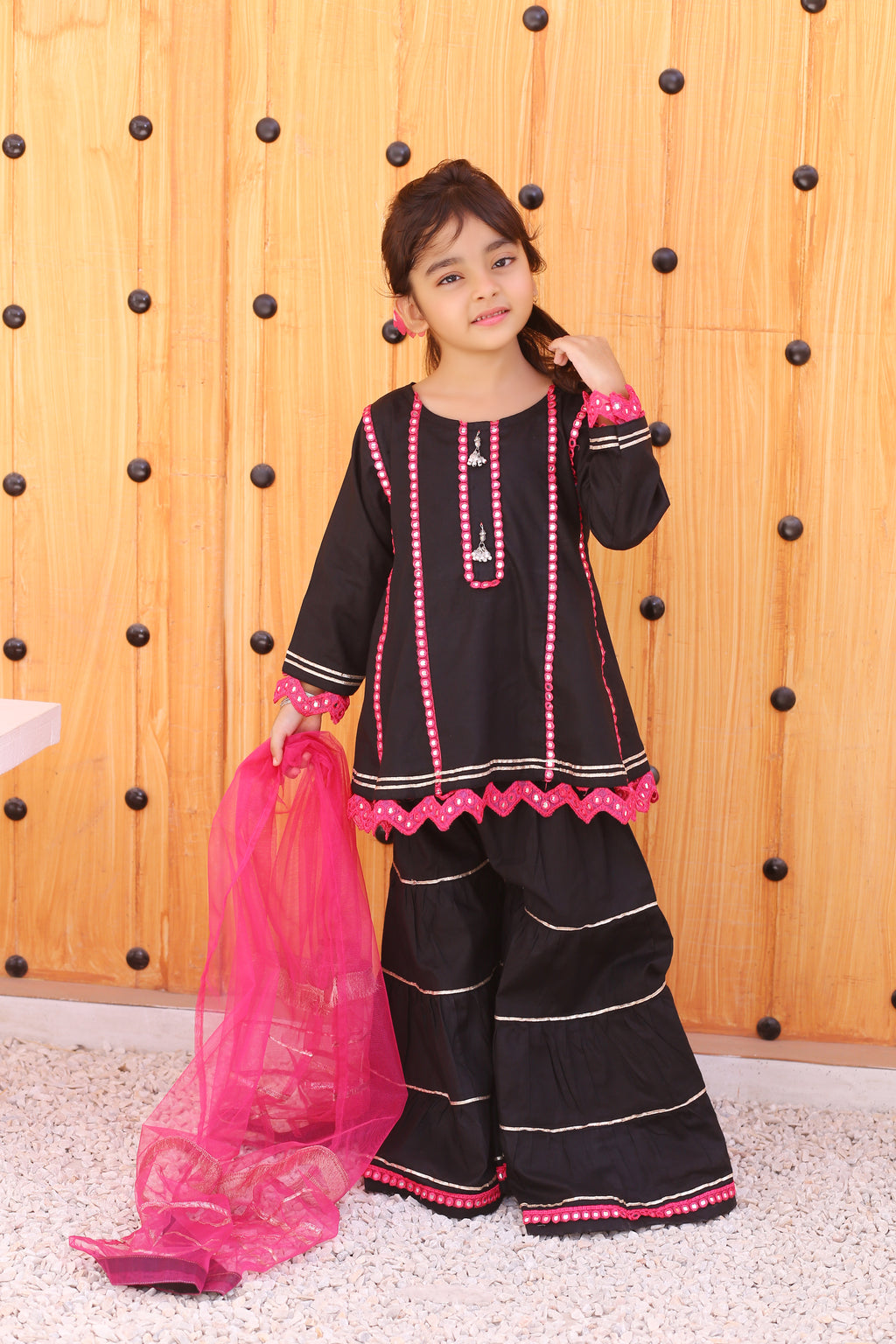 3 piece Stunning JET BLACK Cotton Gharara Suit with Shocking Pink net Dupatta & Shocking Pink Mirror & Golden Laces (Stitch).