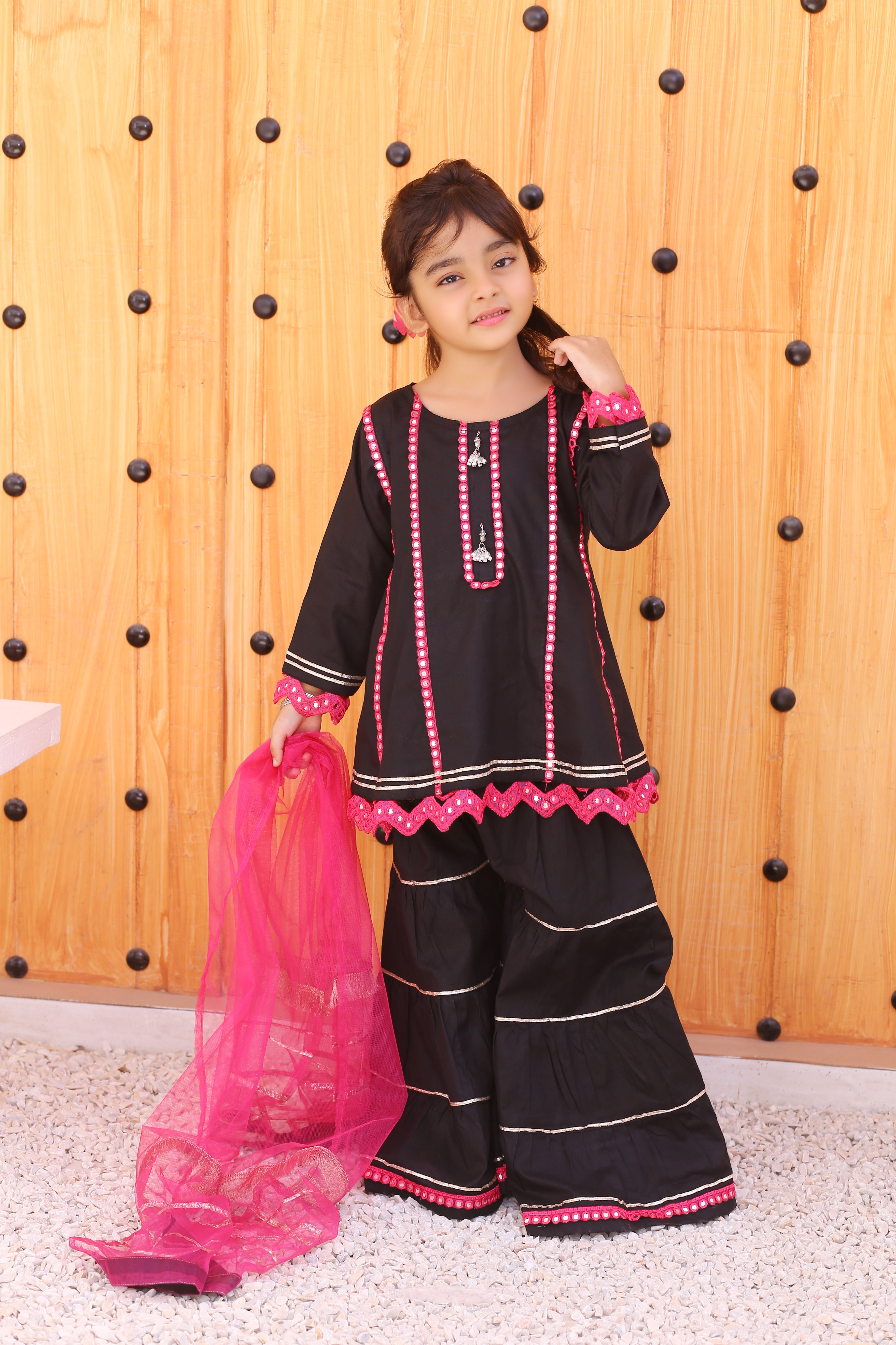 3 piece Stunning JET BLACK Cotton Gharara Suit with Shocking Pink net Dupatta & Shocking Pink Mirror & Golden Laces (Stitch).