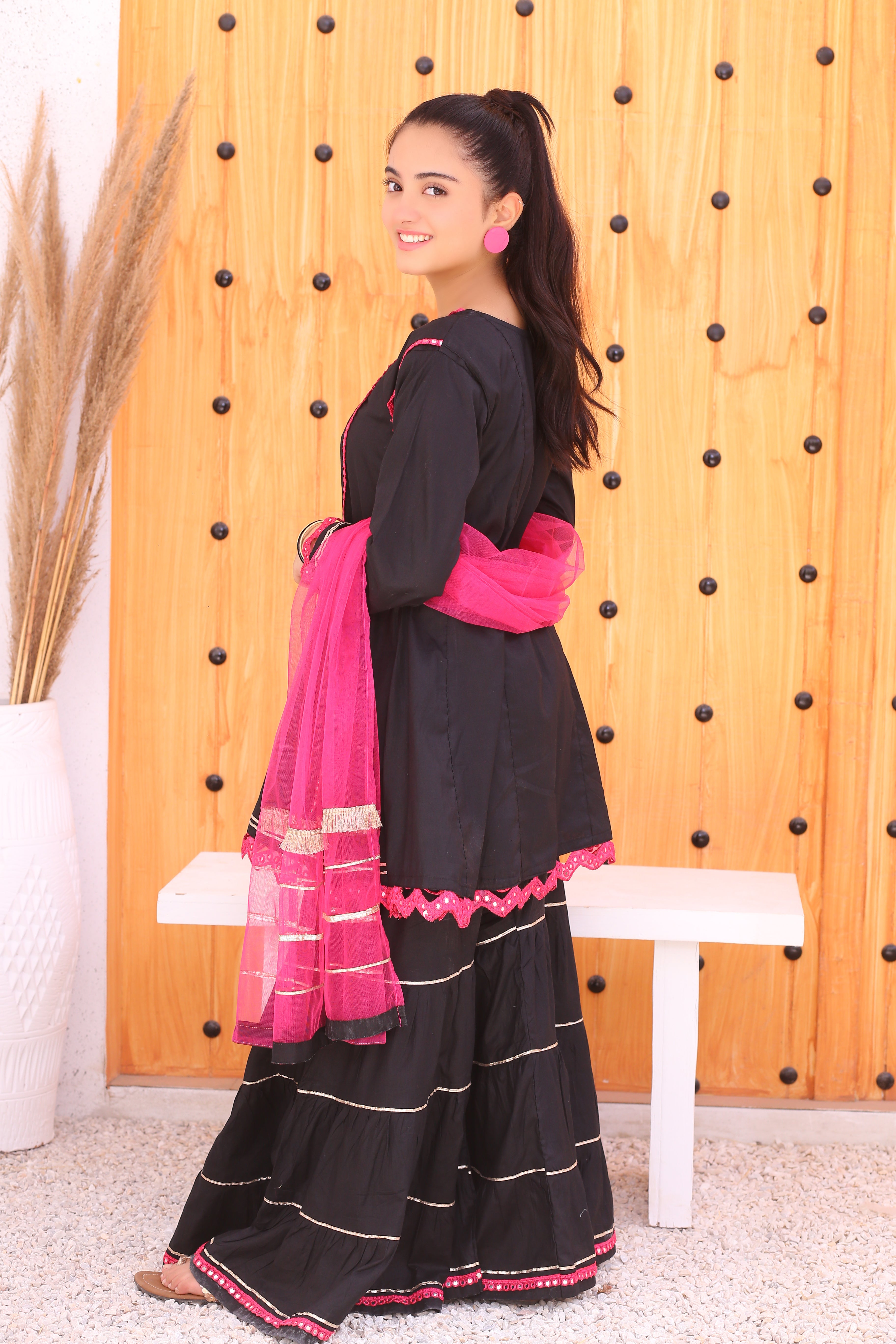 3 piece Stunning JET BLACK Cotton Gharara Suit with Shocking Pink net Dupatta & Shocking Pink Mirror & Golden Laces (Stitch).