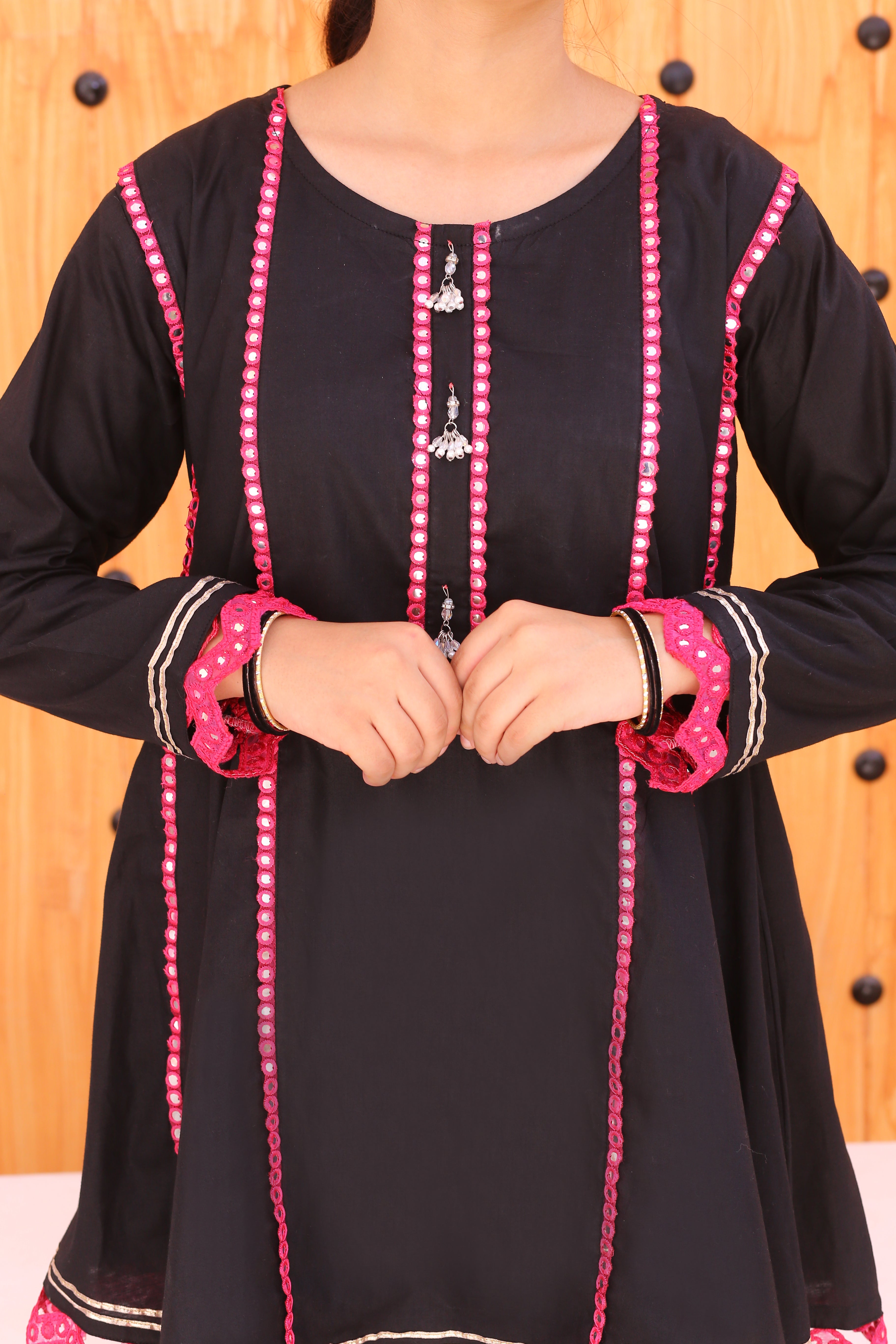 3 piece Stunning JET BLACK Cotton Gharara Suit with Shocking Pink net Dupatta & Shocking Pink Mirror & Golden Laces (Stitch).