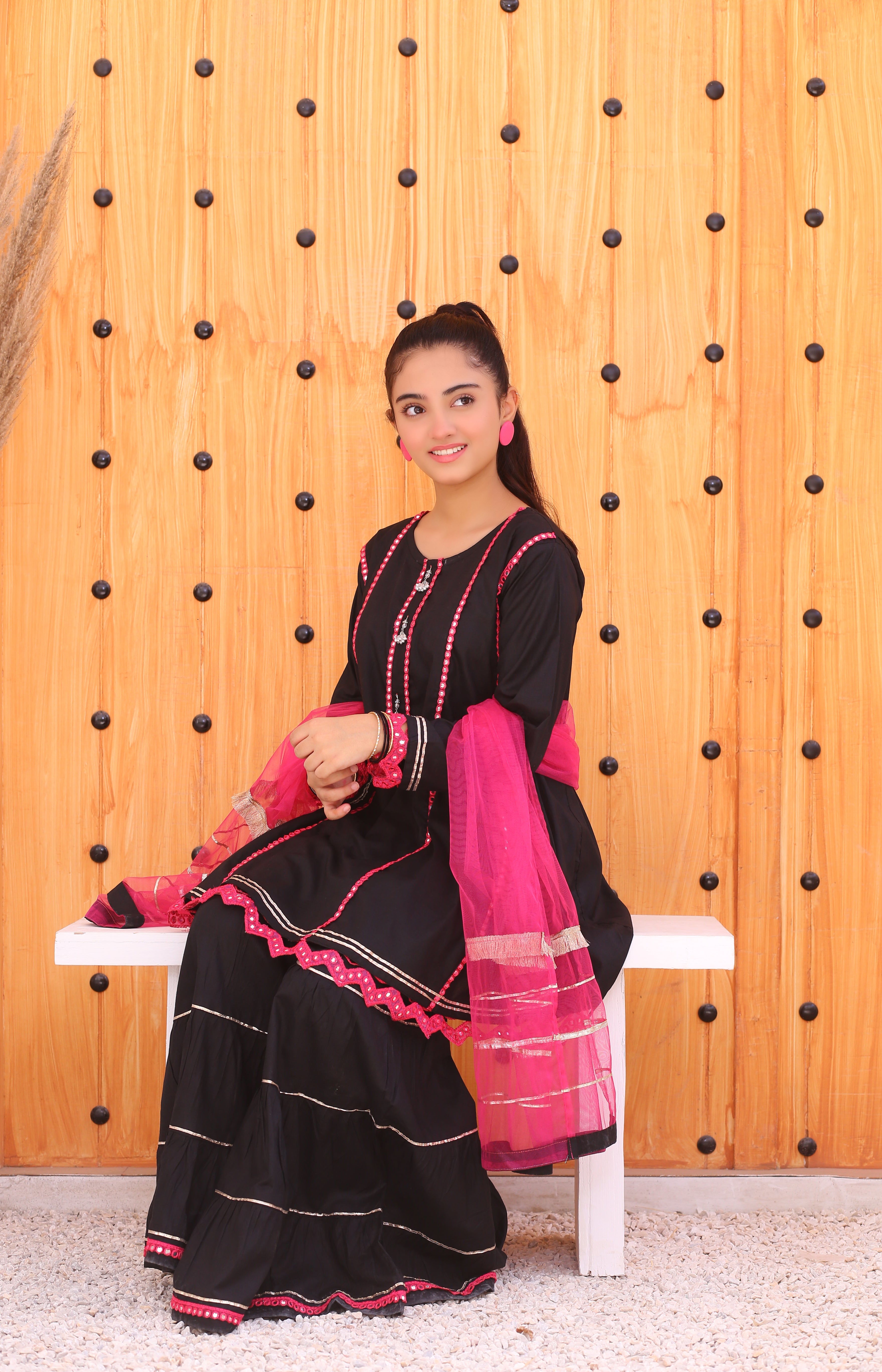 3 piece Stunning JET BLACK Cotton Gharara Suit with Shocking Pink net Dupatta & Shocking Pink Mirror & Golden Laces (Stitch).