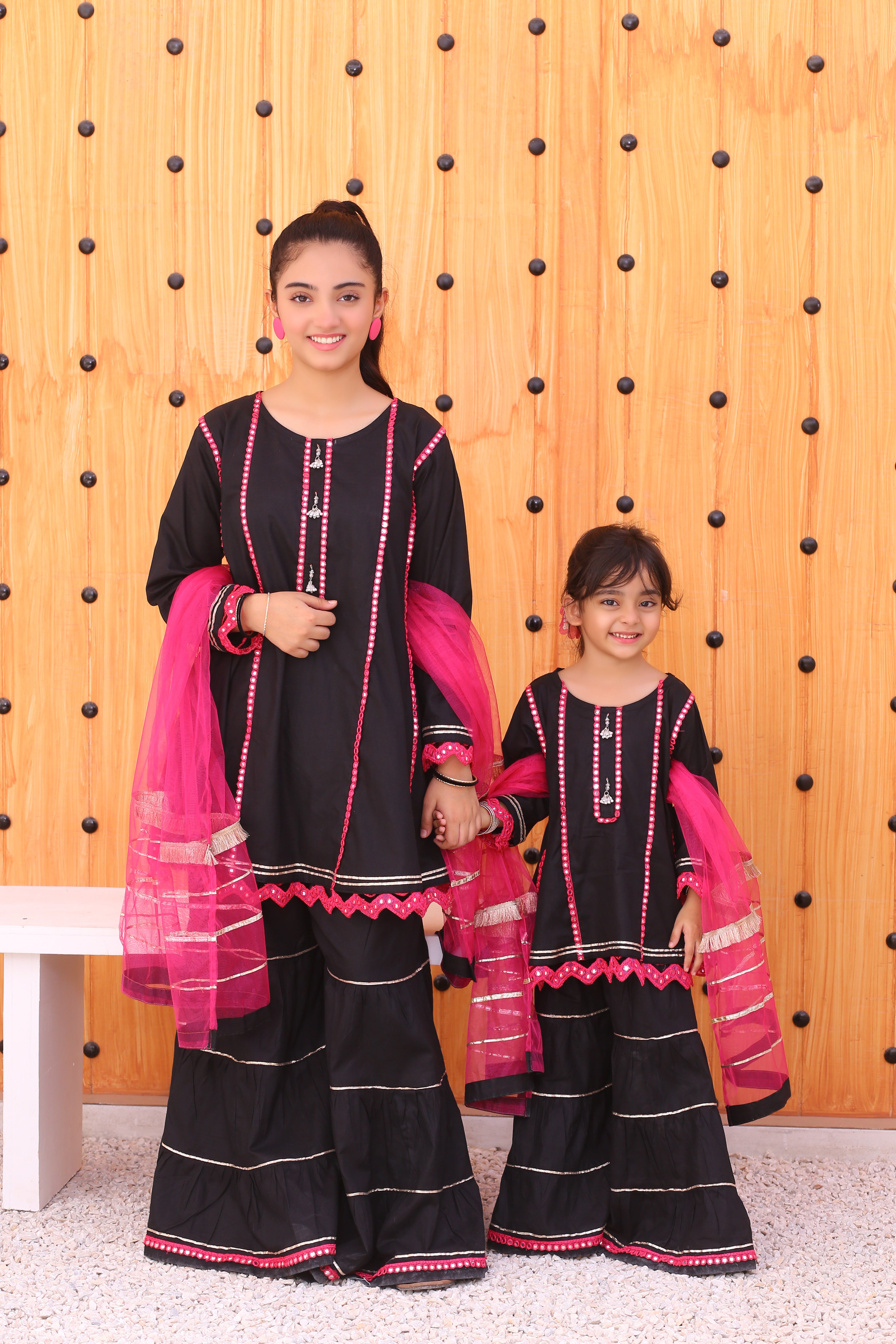 3 piece Stunning JET BLACK Cotton Gharara Suit with Shocking Pink net Dupatta & Shocking Pink Mirror & Golden Laces (Stitch).