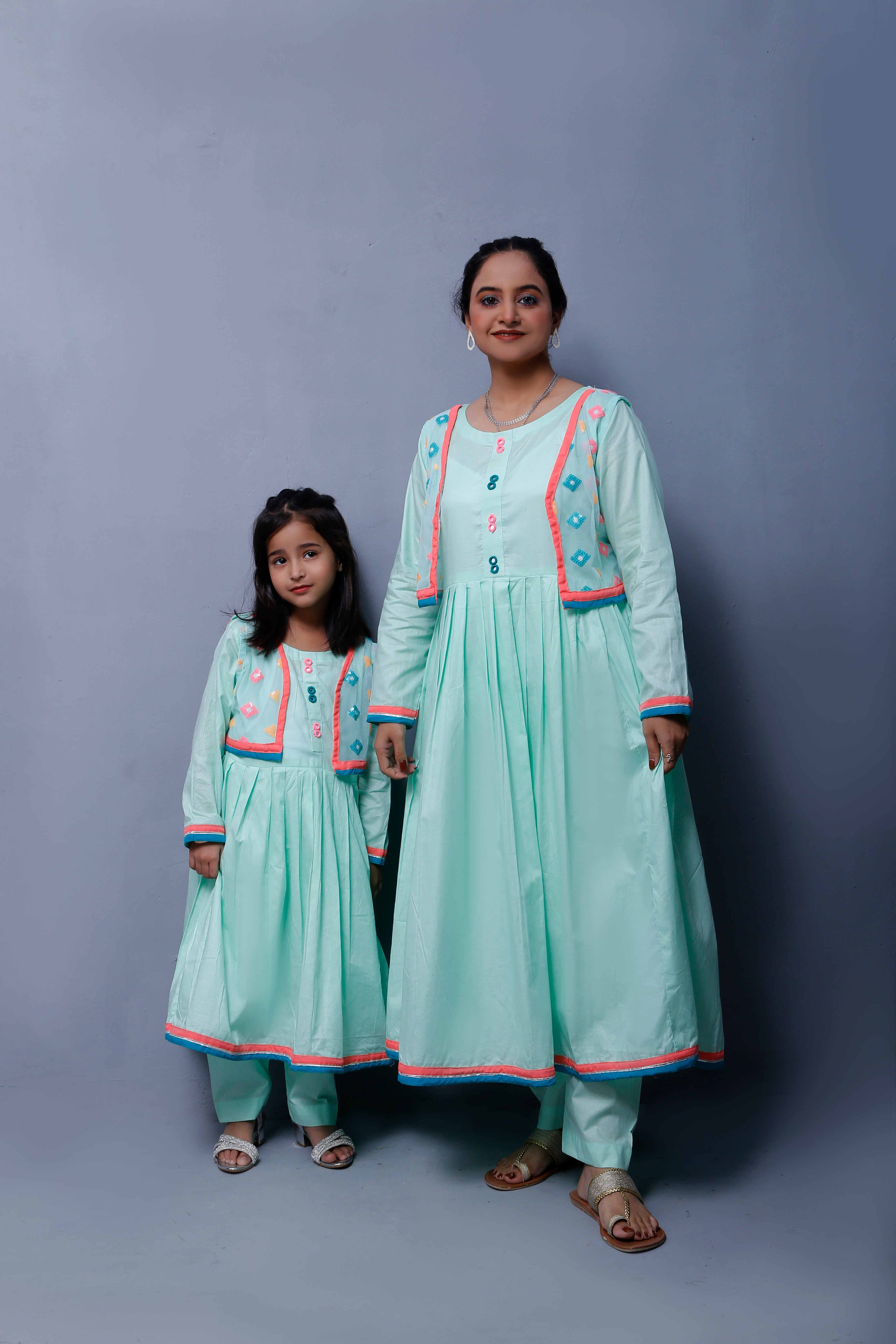 4 piece Stunning Cyan(Aqua Green) Cotton Frock with Multicolor Embroidered net Coati & Laces. (Stitch)