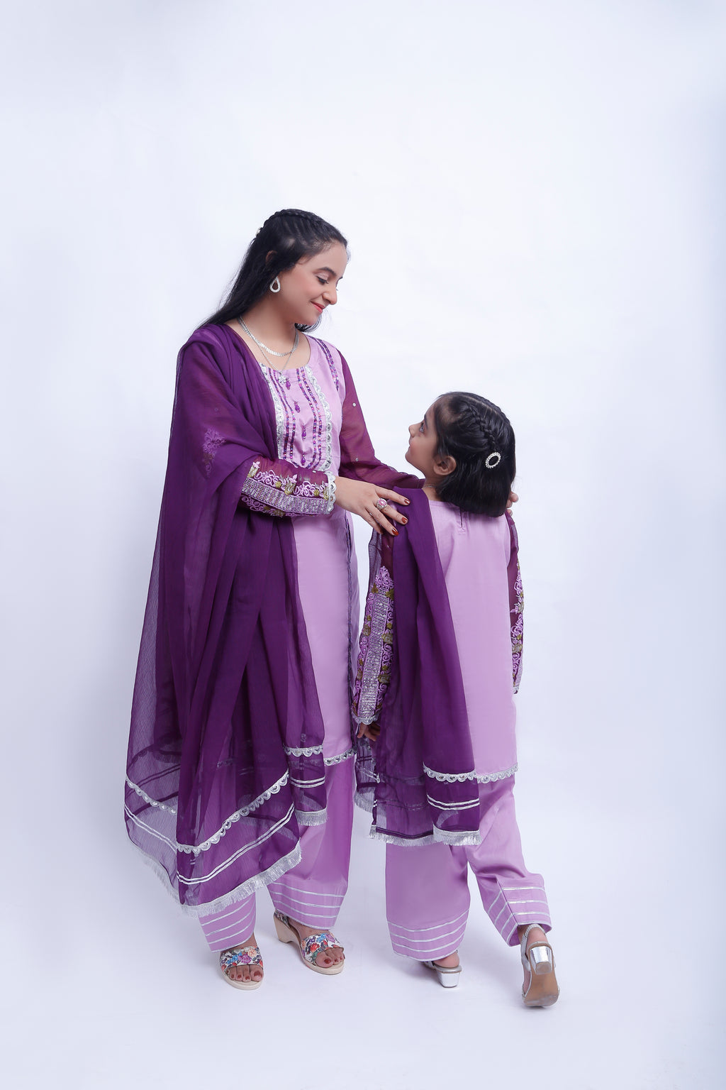 3 piece Light Purple Farshi Shalwar Kameez Suit with Beautiful Silver Sitara Embroidered Purple Chiffon Sleeves & Purple Chiffon Dupatta. (Stitch)
