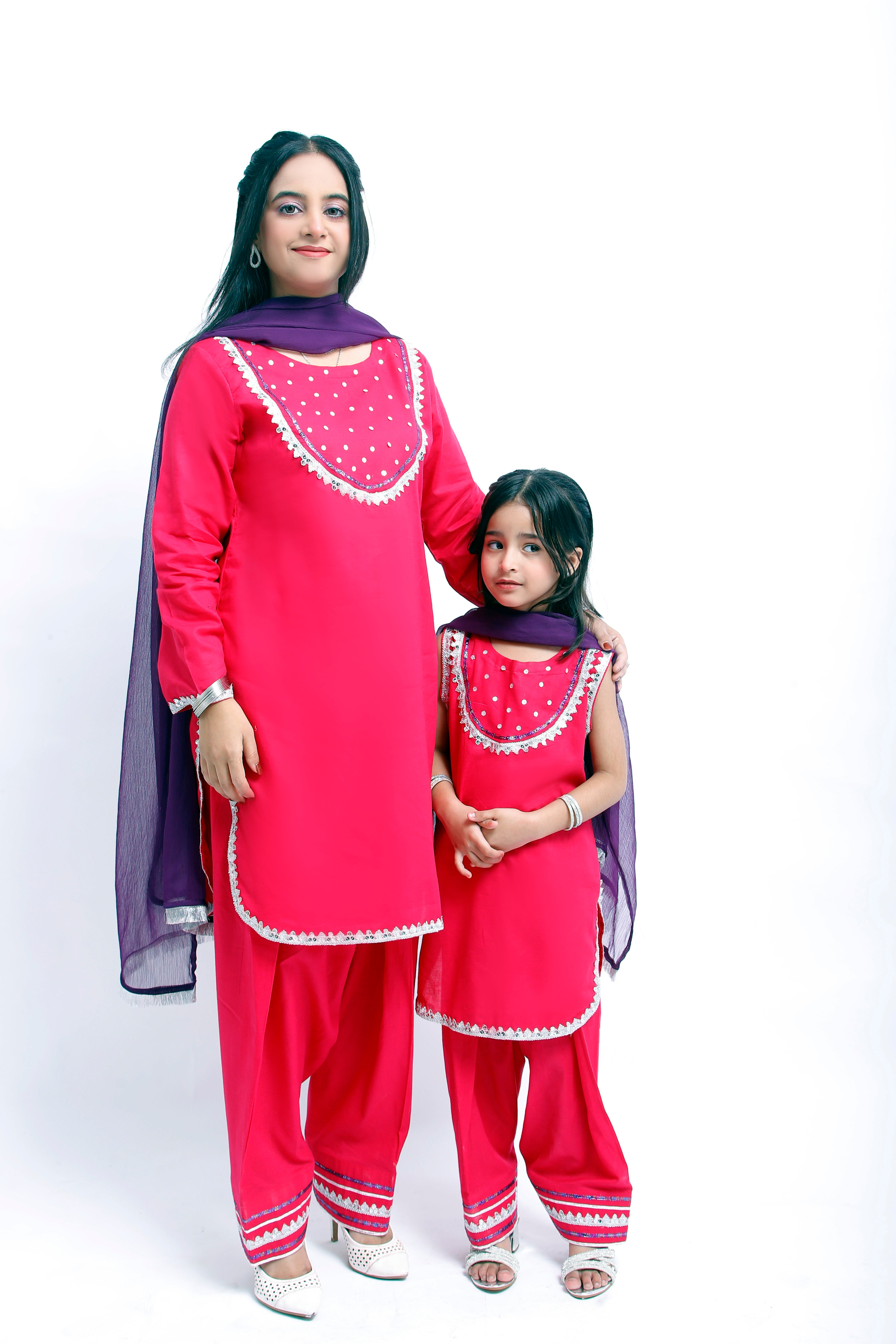 3 piece Elegant Shocking Pink Cotton Farshi Shalwar Kameez Suit with Silver & Purple Laces & Purple Chiffon Dupatta. (Stitch)