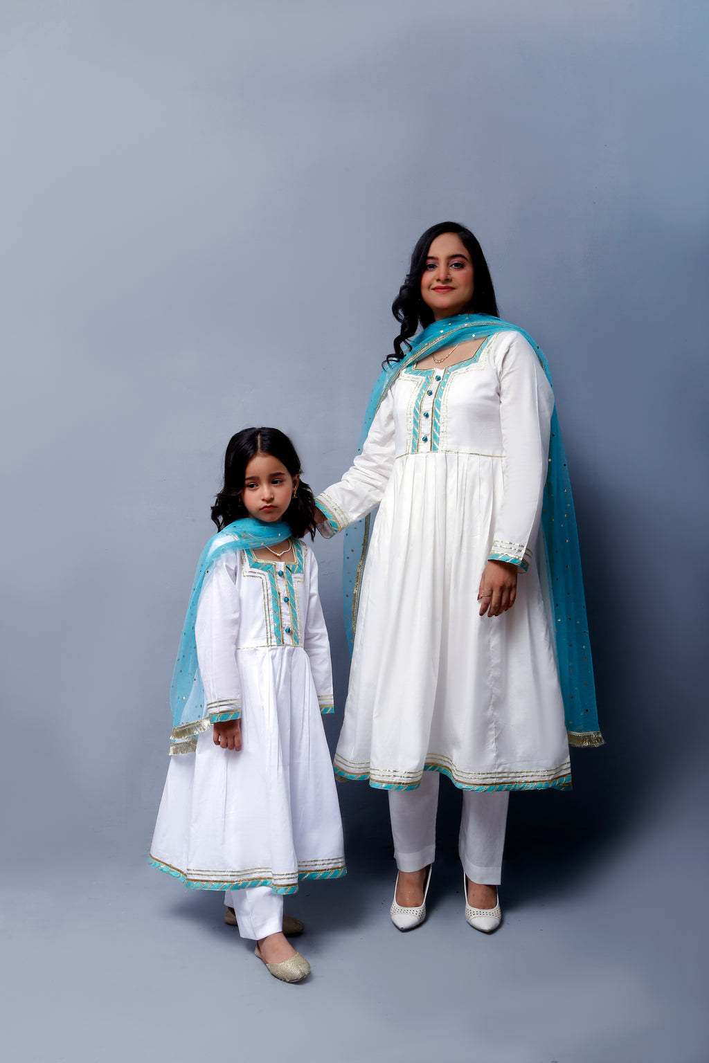 3 piece beautiful White Frock Cotton Suit with Cyan(Aqua Green) Laces & Cyan(Aqua Green) Chan net Dupatta (Stitch).
