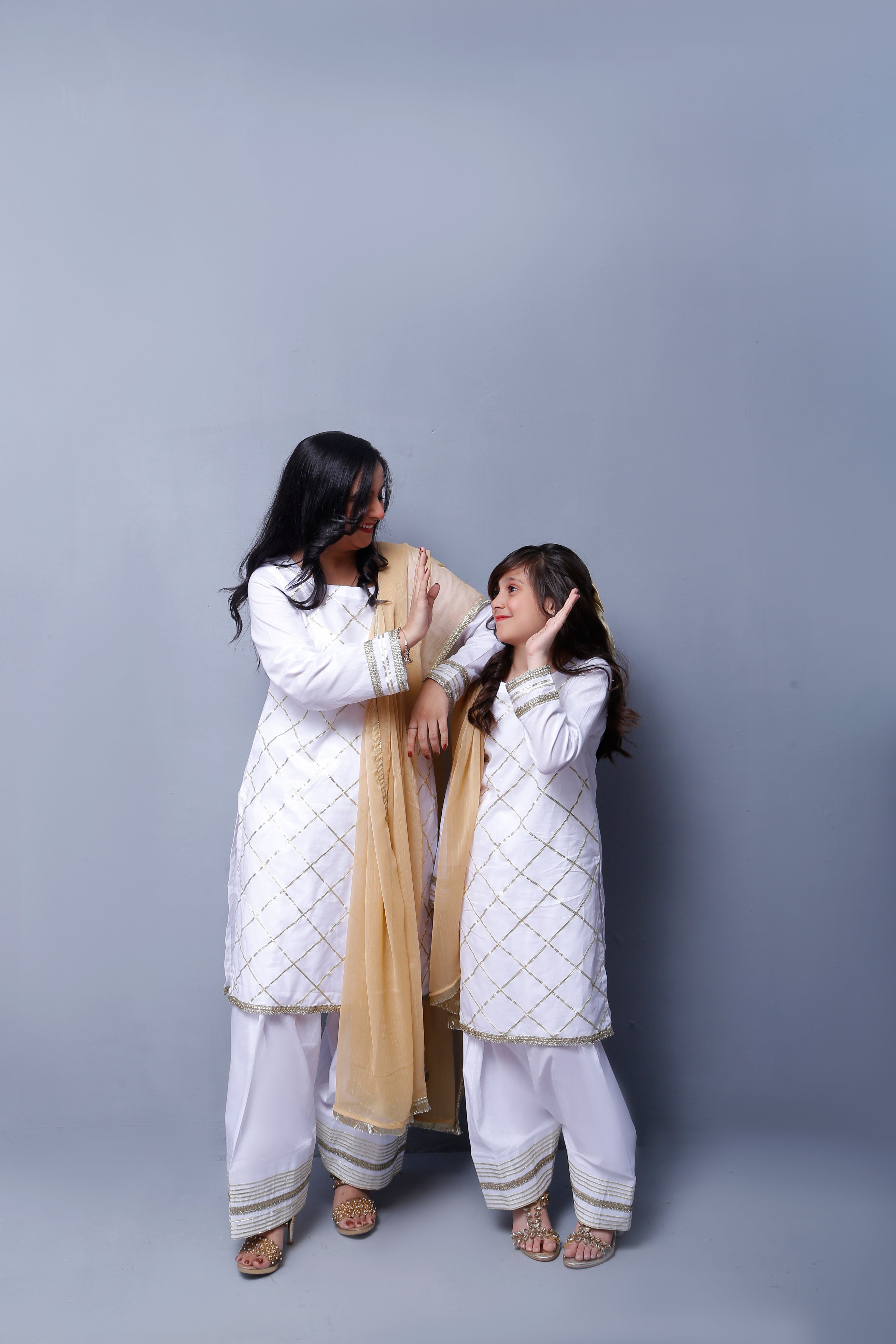 3 piece Elegant White Cotton Farshi Shalwar Kameez Suit with Golden Laces & Golden Chiffon Dupatta.(Stitch)