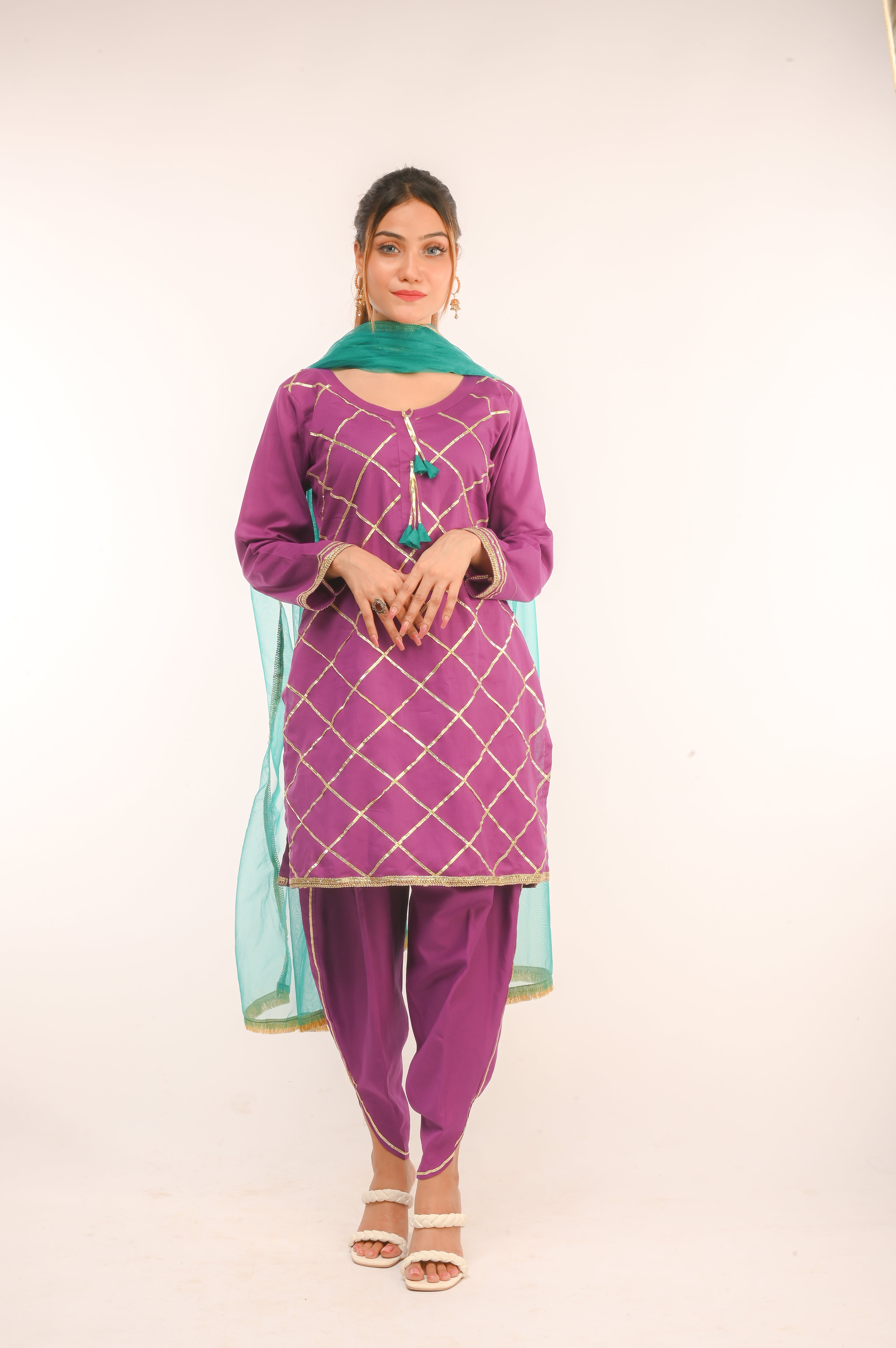 3 piece Purple Cotton Tulip Suit with Sea Green net Dupatta & Golden Laces.(Stitch).