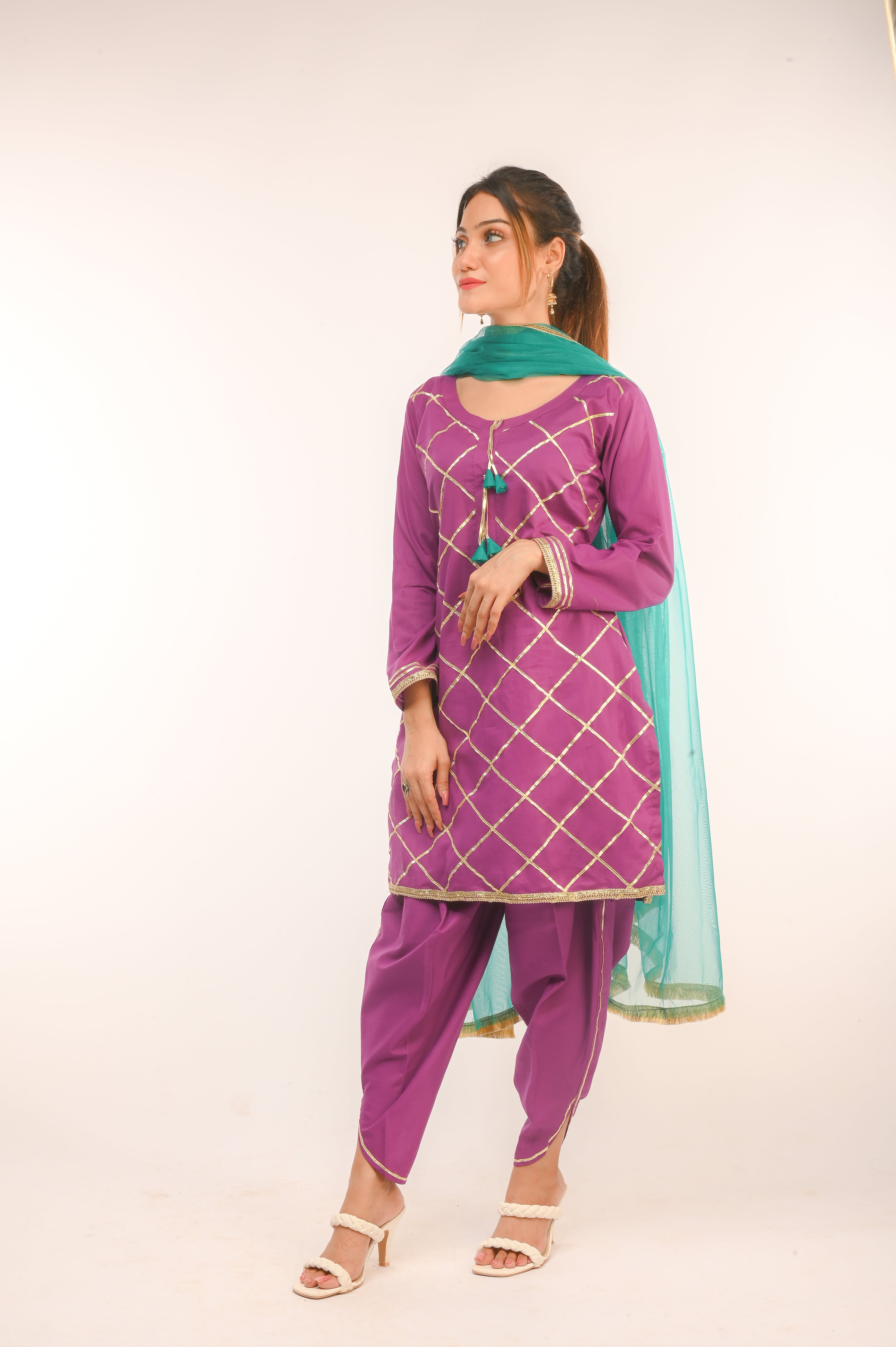 3 piece Purple Cotton Tulip Suit with Sea Green net Dupatta & Golden Laces.(Stitch).