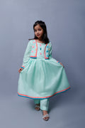 4 piece Stunning Cyan(Aqua Green) Cotton Frock with Multicolor Embroidered net Coati & Laces. (Stitch)