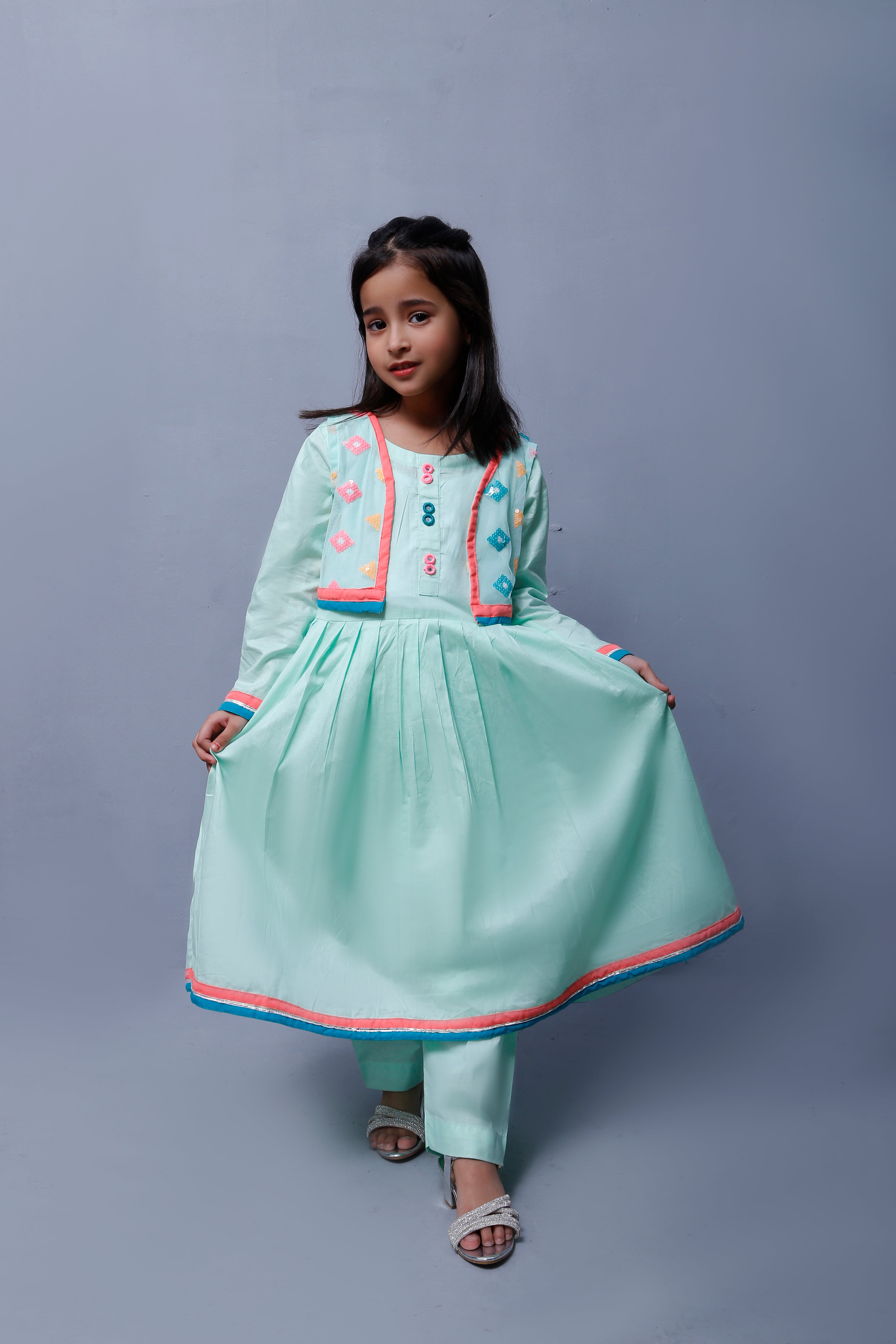 4 piece Stunning Cyan(Aqua Green) Cotton Frock with Multicolor Embroidered net Coati & Laces. (Stitch)