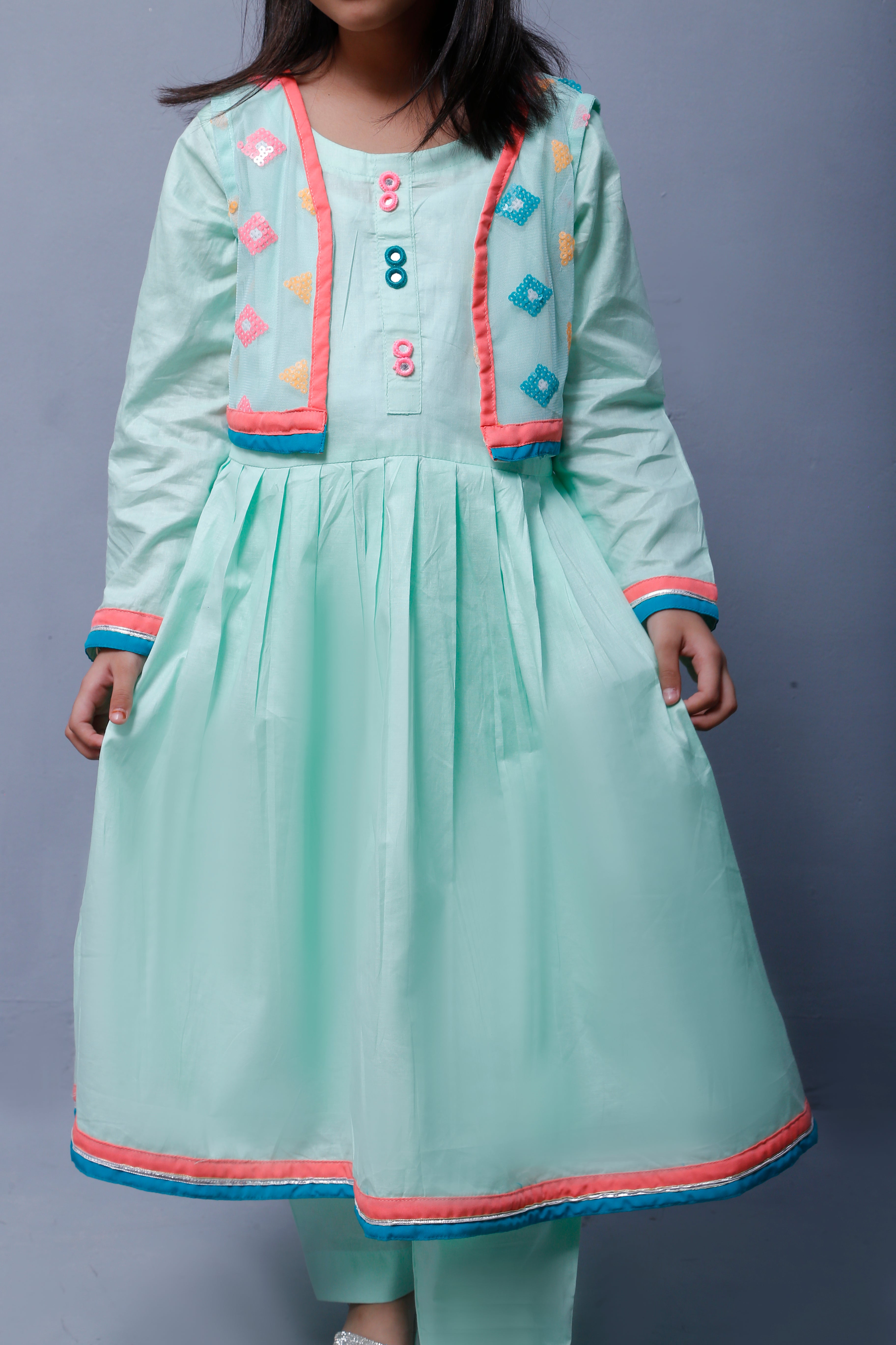4 piece Stunning Cyan(Aqua Green) Cotton Frock with Multicolor Embroidered net Coati & Laces. (Stitch)
