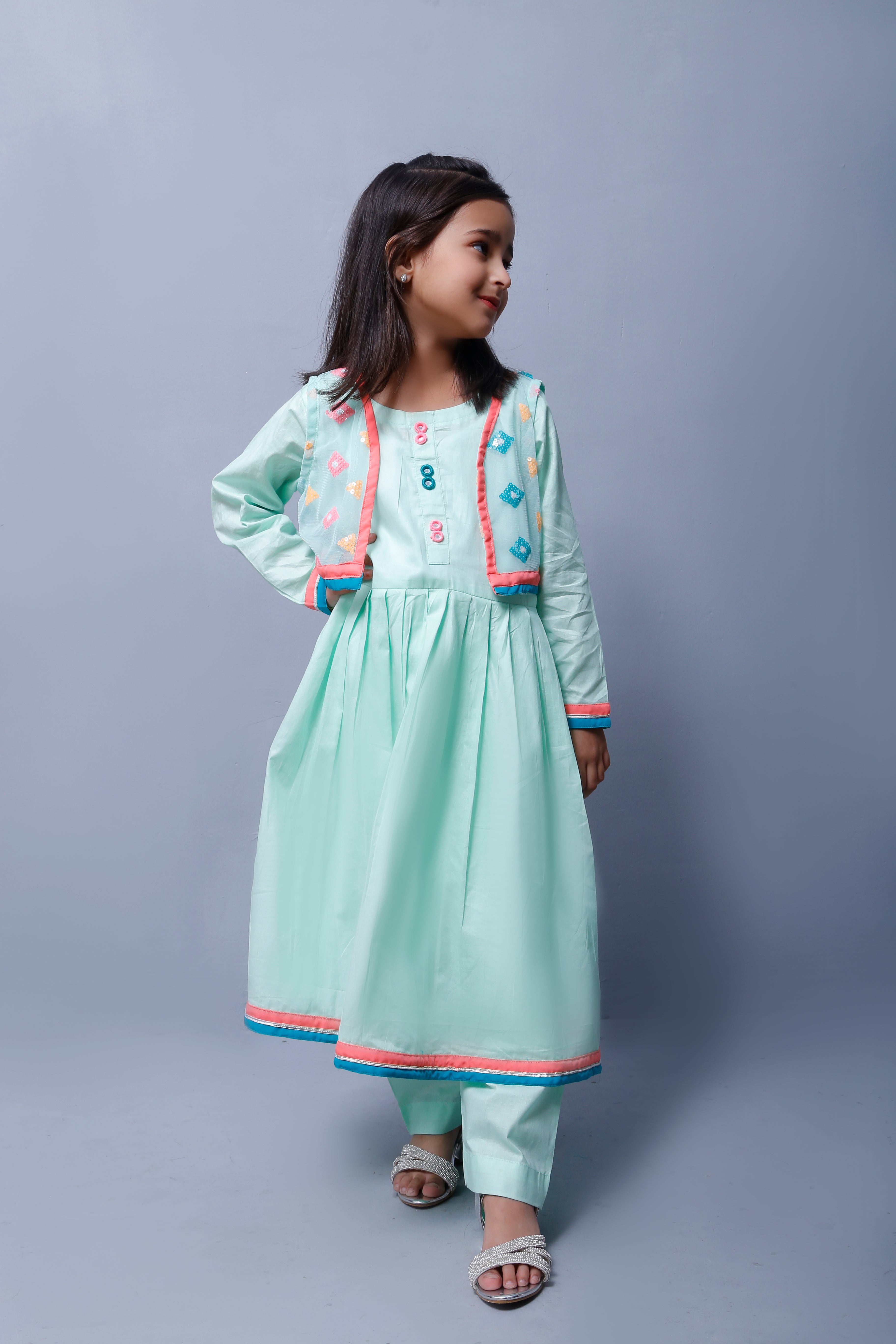 4 piece Stunning Cyan(Aqua Green) Cotton Frock with Multicolor Embroidered net Coati & Laces. (Stitch)