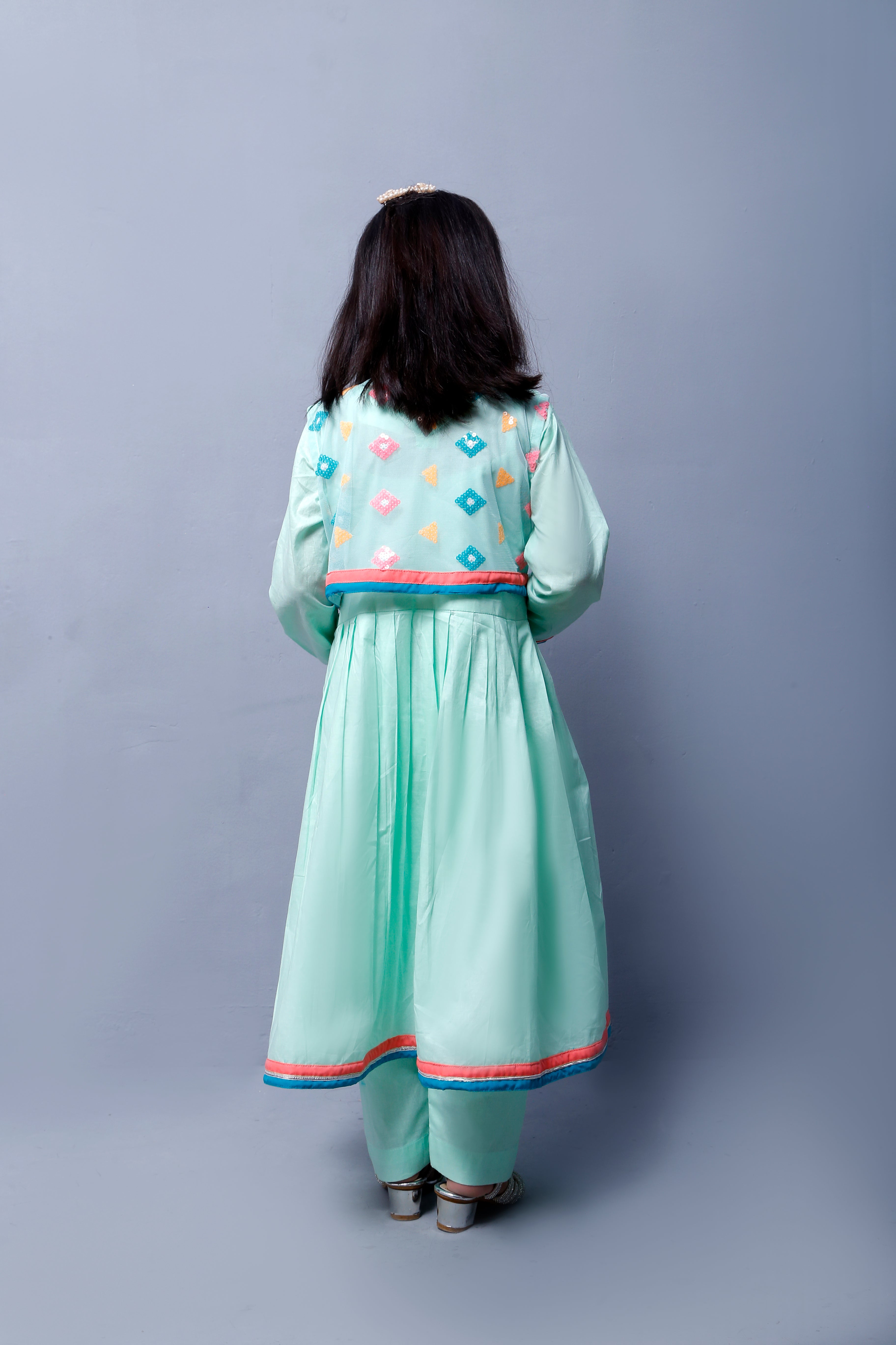 4 piece Stunning Cyan(Aqua Green) Cotton Frock with Multicolor Embroidered net Coati & Laces. (Stitch)