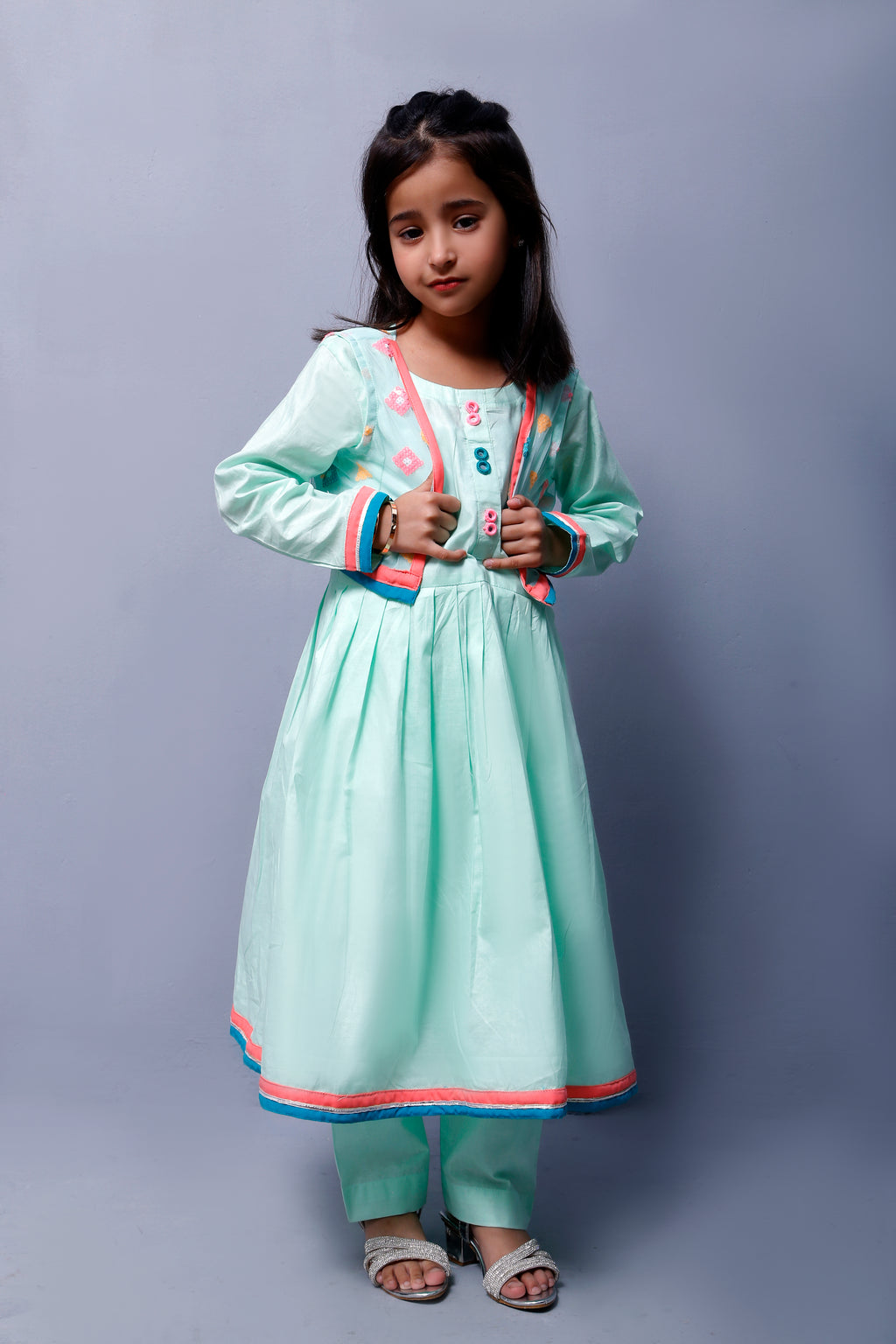 4 piece Stunning Cyan(Aqua Green) Cotton Frock with Multicolor Embroidered net Coati & Laces. (Stitch)