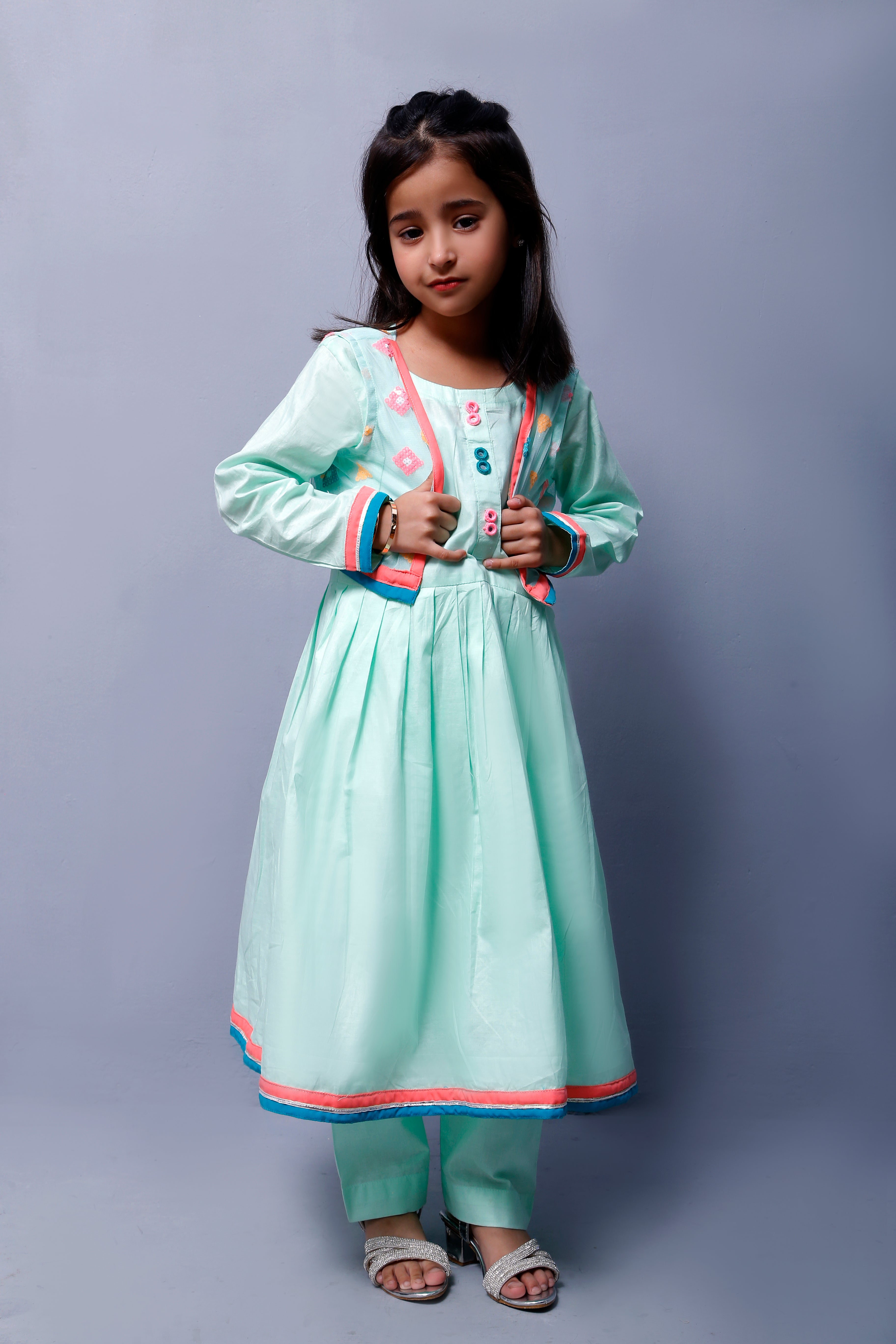 4 piece Stunning Cyan(Aqua Green) Cotton Frock with Multicolor Embroidered net Coati & Laces. (Stitch)