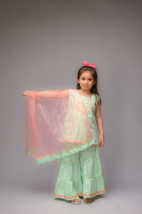 3 piece Aqua Green (Cyan) Cotton Sleeveless Gharara Suit with Baby Pink net Dupatta & Baby Pink & Golden Laces.(Stitch)