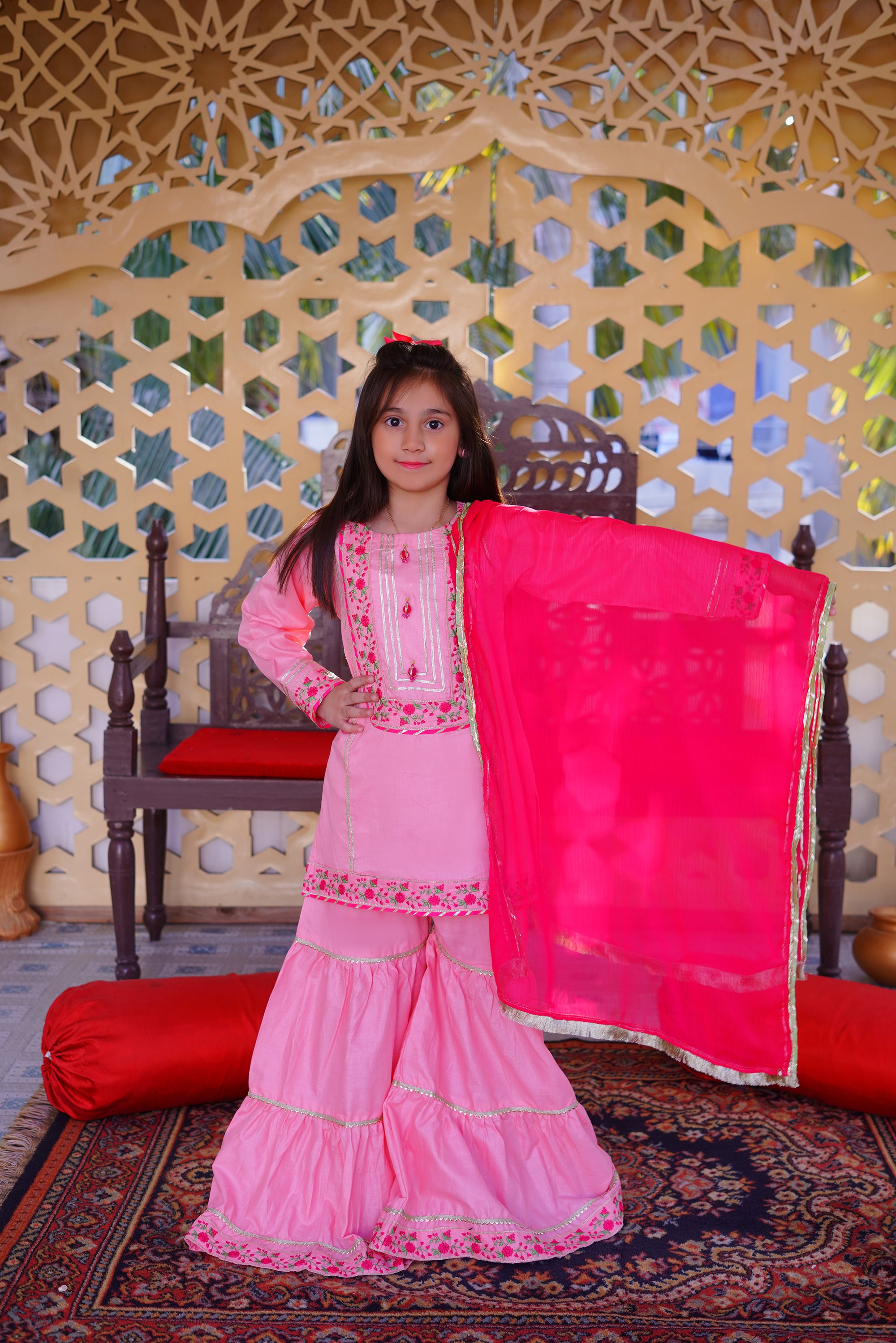 3 piece Baby Pink Embroidered Cotton Gharara Suit with Shocking Pink Chiffon Dupatta & Laces(Stitch)