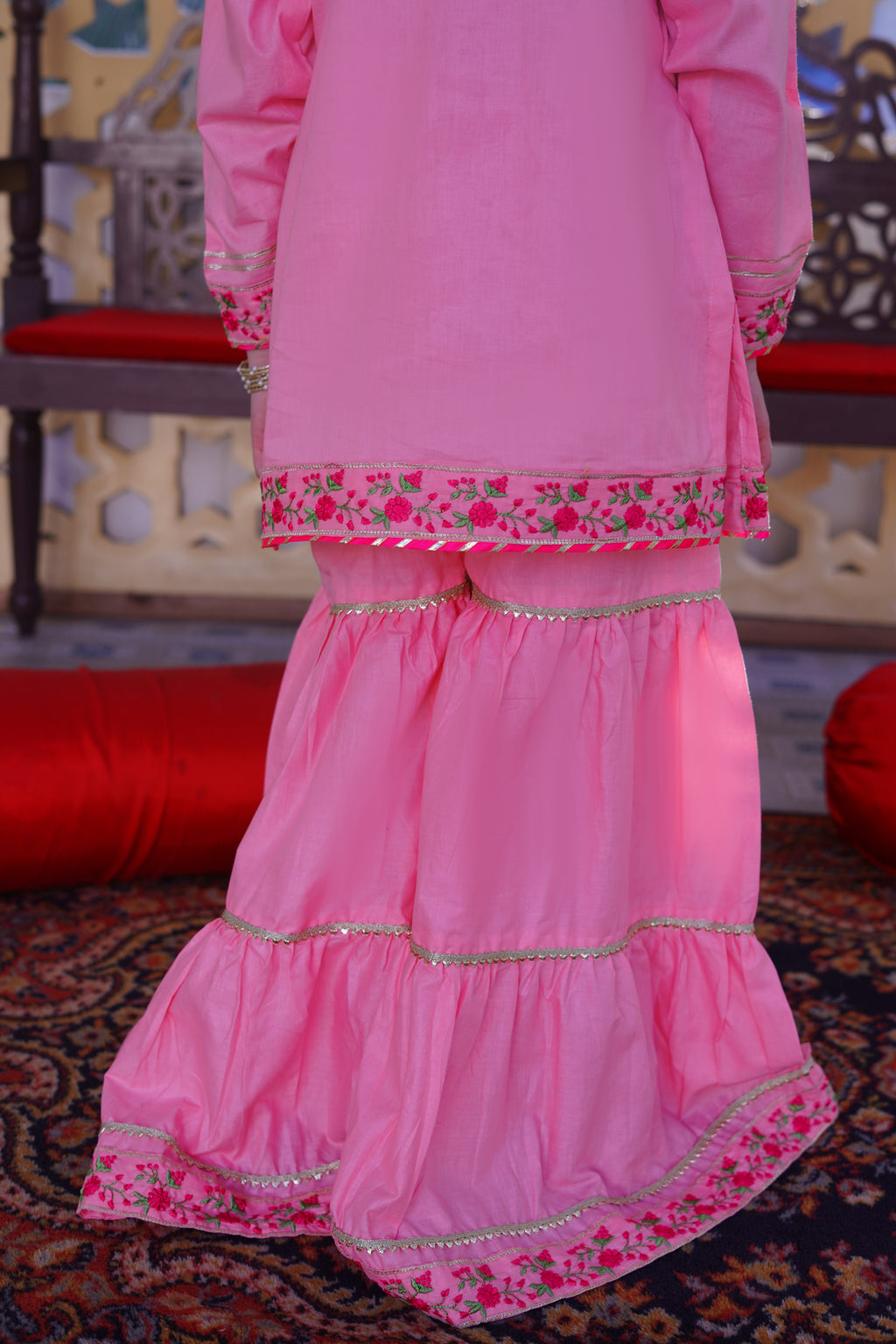 3 piece Baby Pink Embroidered Cotton Gharara Suit with Shocking Pink Chiffon Dupatta & Laces(Stitch)