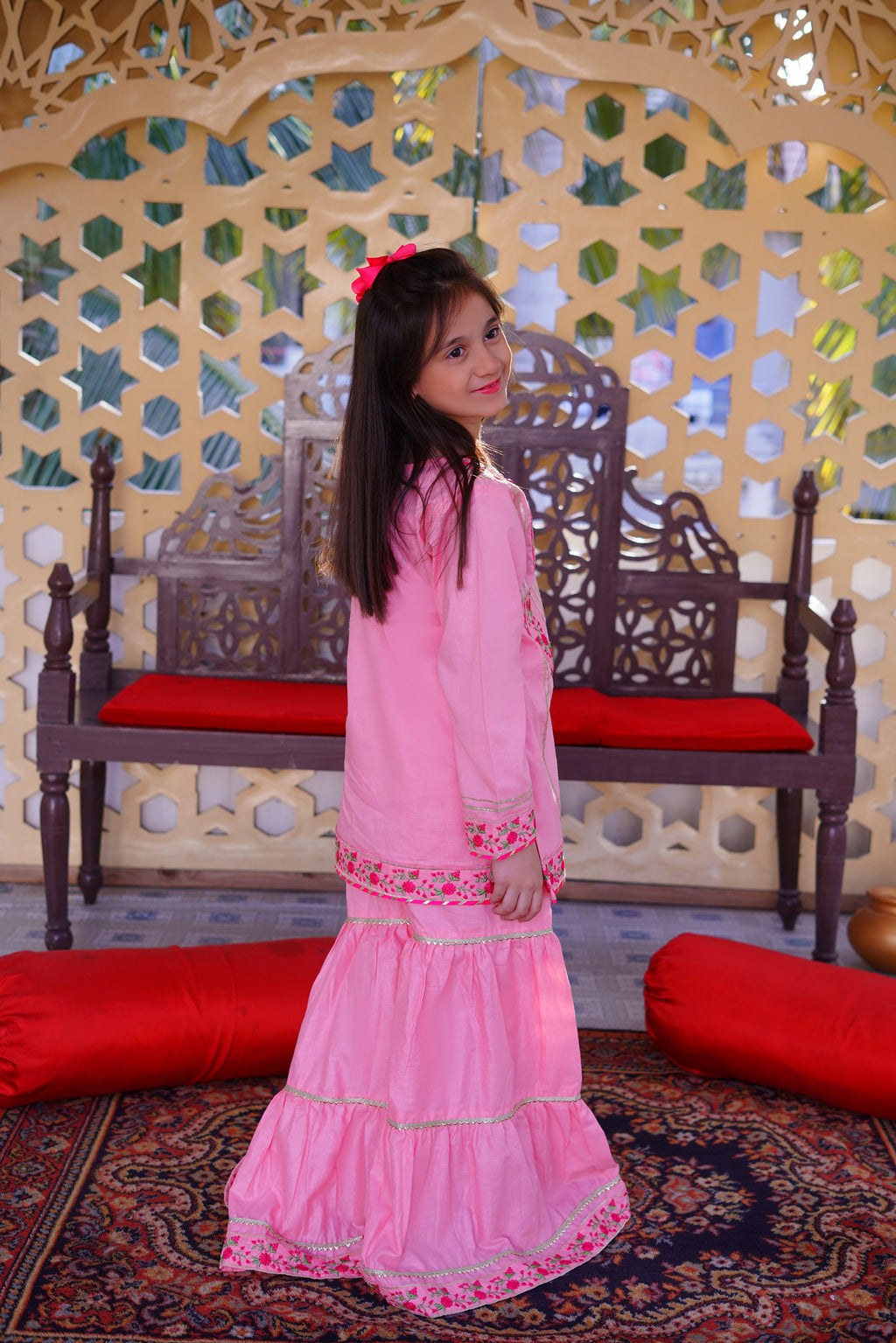 3 piece Baby Pink Embroidered Cotton Gharara Suit with Shocking Pink Chiffon Dupatta & Laces(Stitch)