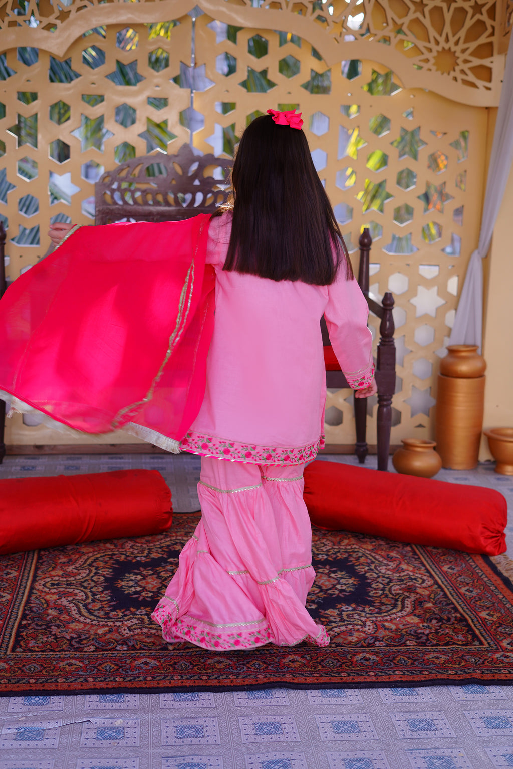 3 piece Baby Pink Embroidered Cotton Gharara Suit with Shocking Pink Chiffon Dupatta & Laces(Stitch)