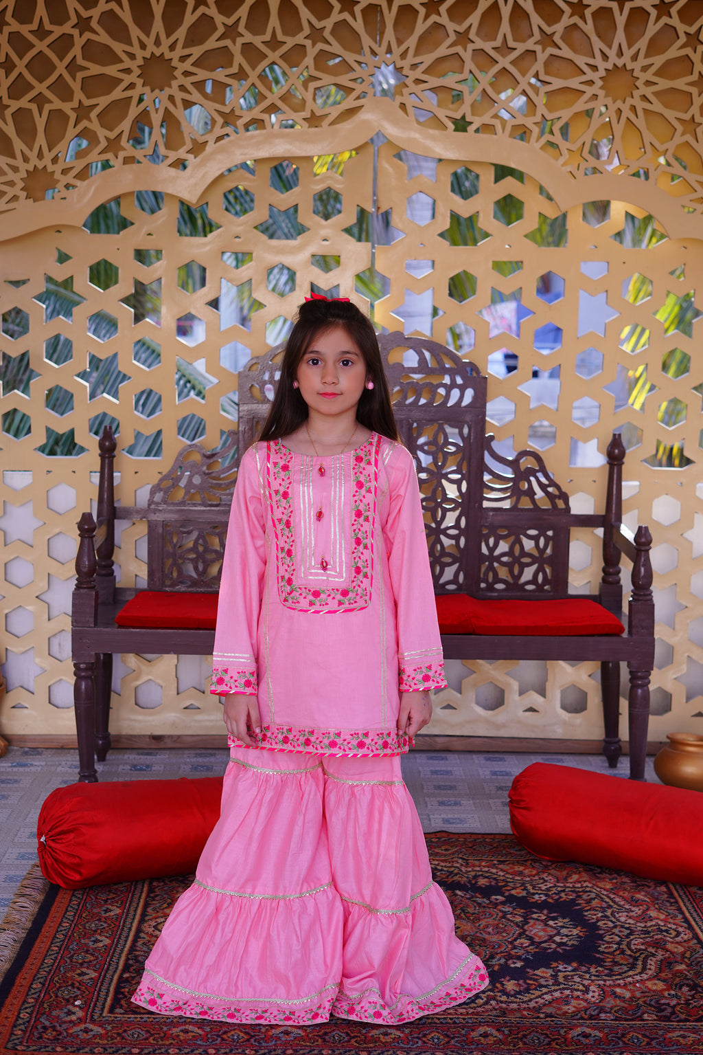 3 piece Baby Pink Embroidered Cotton Gharara Suit with Shocking Pink Chiffon Dupatta & Laces(Stitch)