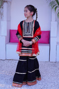 3 piece Beautiful BLACK JET Cotton Gharara Suit with Red net Dupatta & Laces.(Stitch)