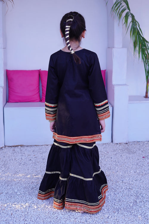 3 piece Beautiful BLACK JET Cotton Gharara Suit with Red net Dupatta & Laces.(Stitch)