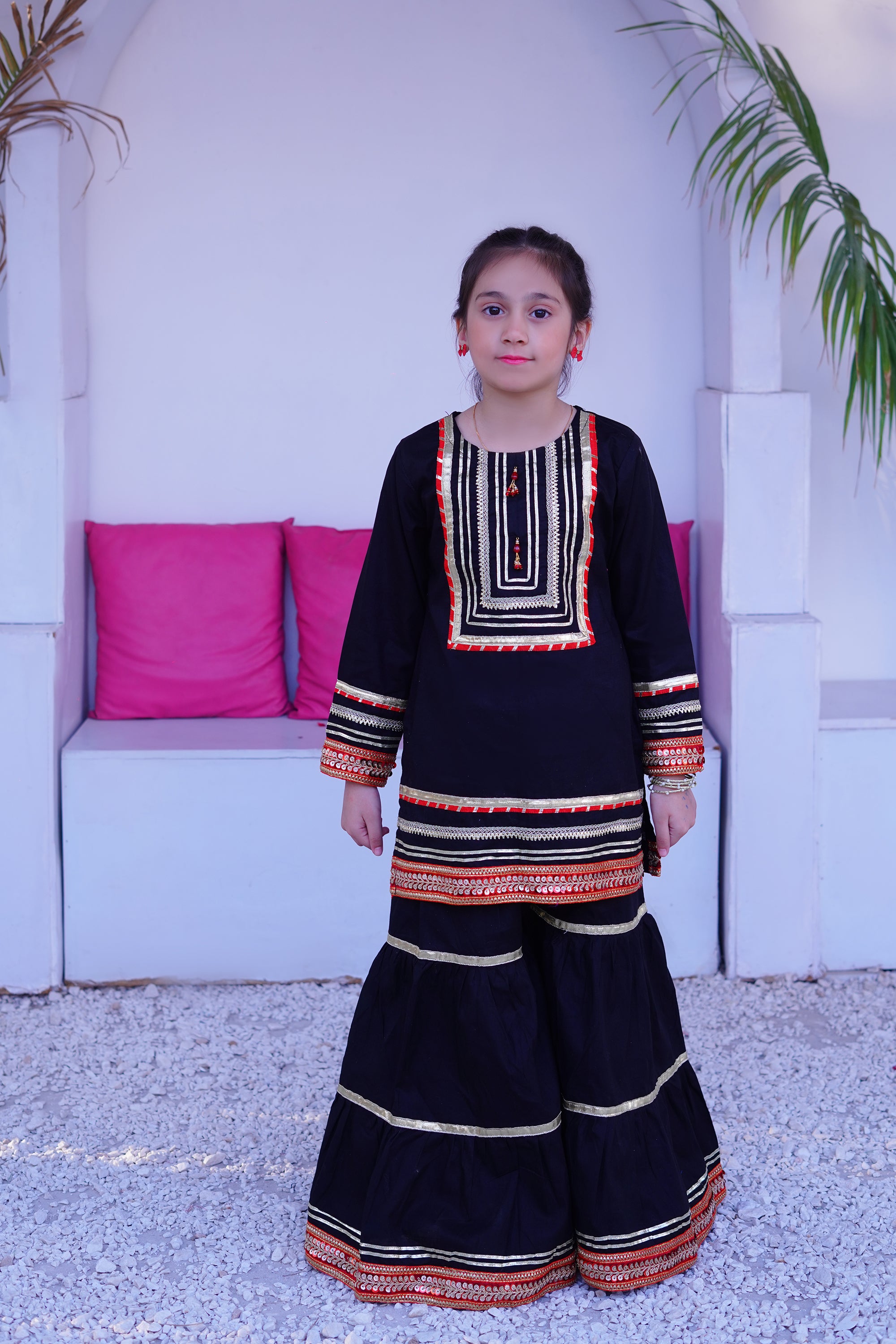 3 piece Beautiful BLACK JET Cotton Gharara Suit with Red net Dupatta & Laces.(Stitch)