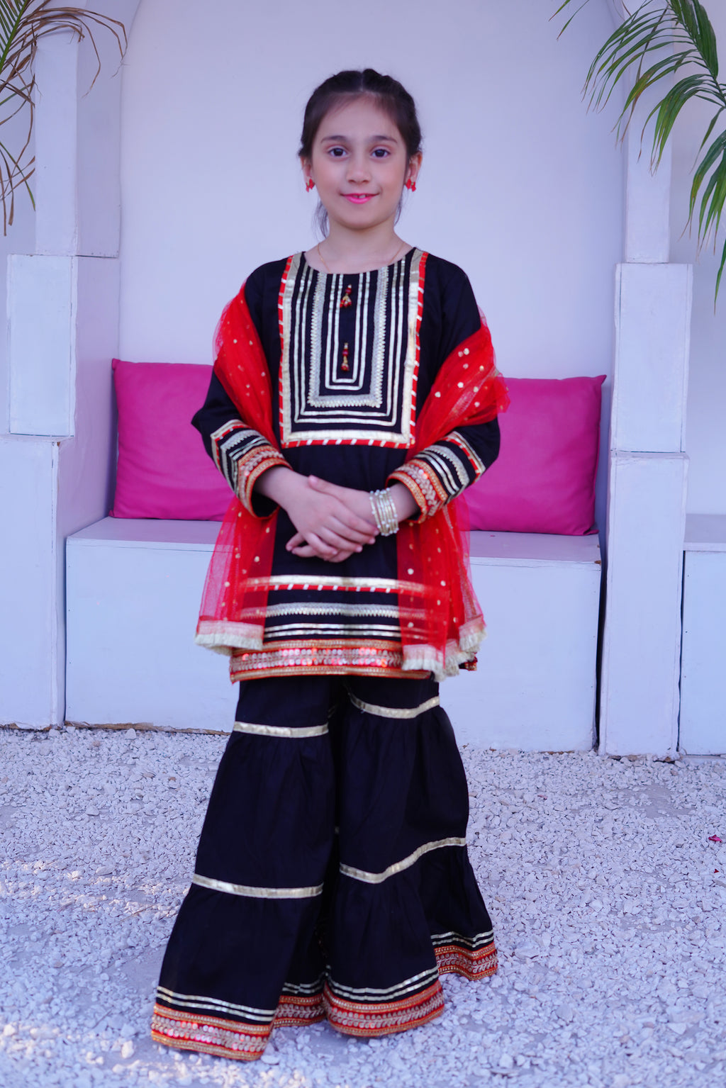 3 piece Beautiful BLACK JET Cotton Gharara Suit with Red net Dupatta & Laces.(Stitch)