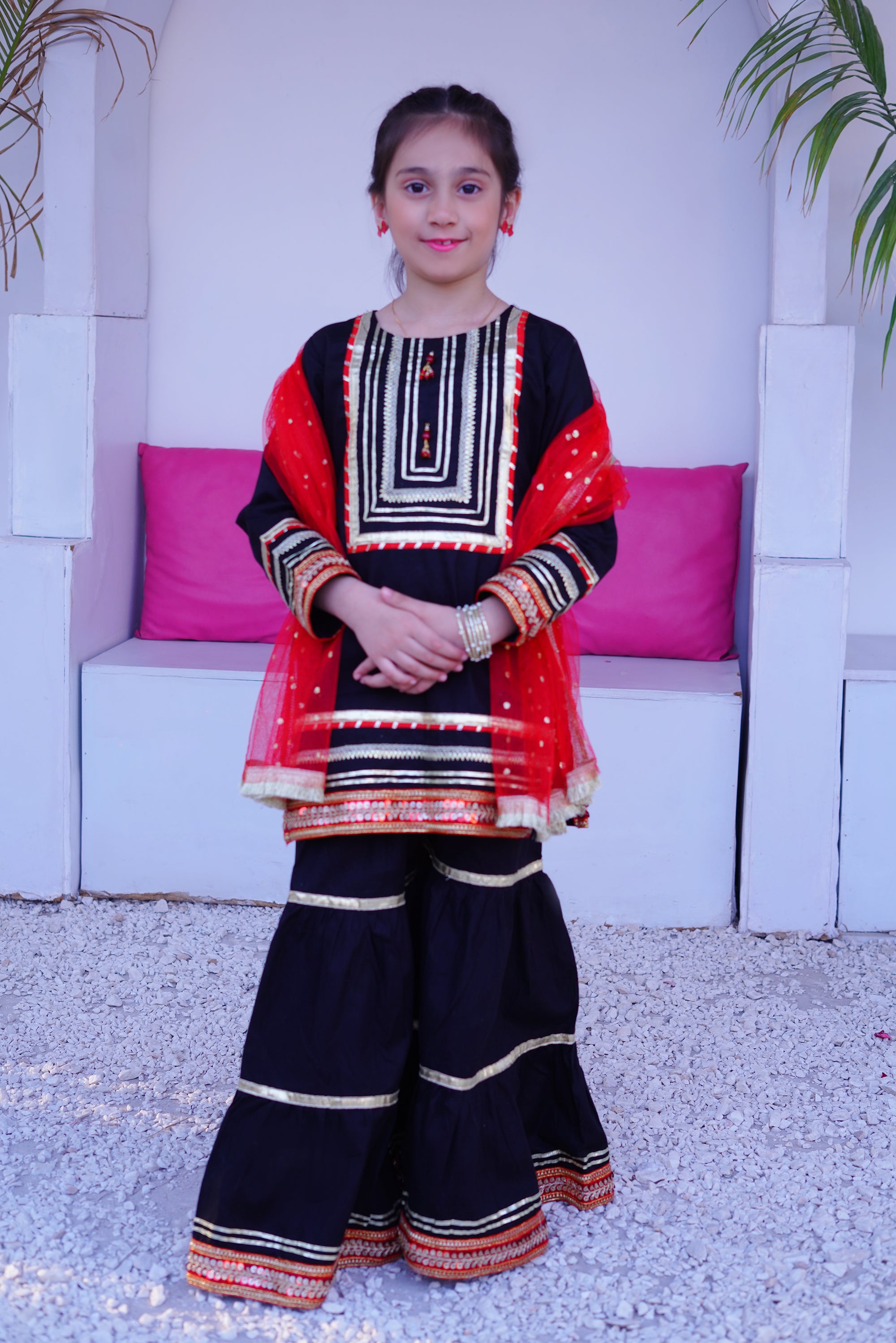 3 piece Beautiful BLACK JET Cotton Gharara Suit with Red net Dupatta & Laces.(Stitch)