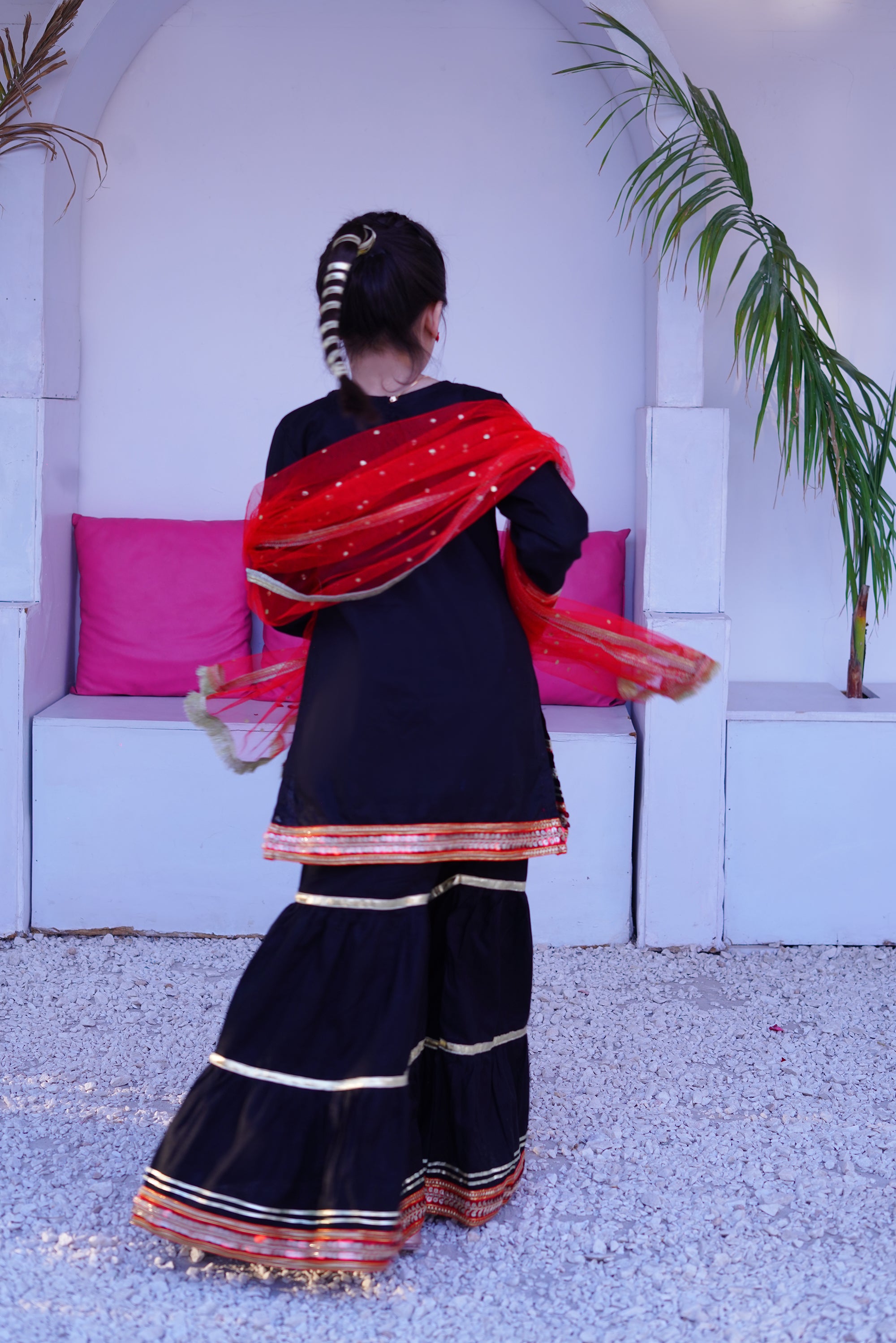 3 piece Beautiful BLACK JET Cotton Gharara Suit with Red net Dupatta & Laces.(Stitch)