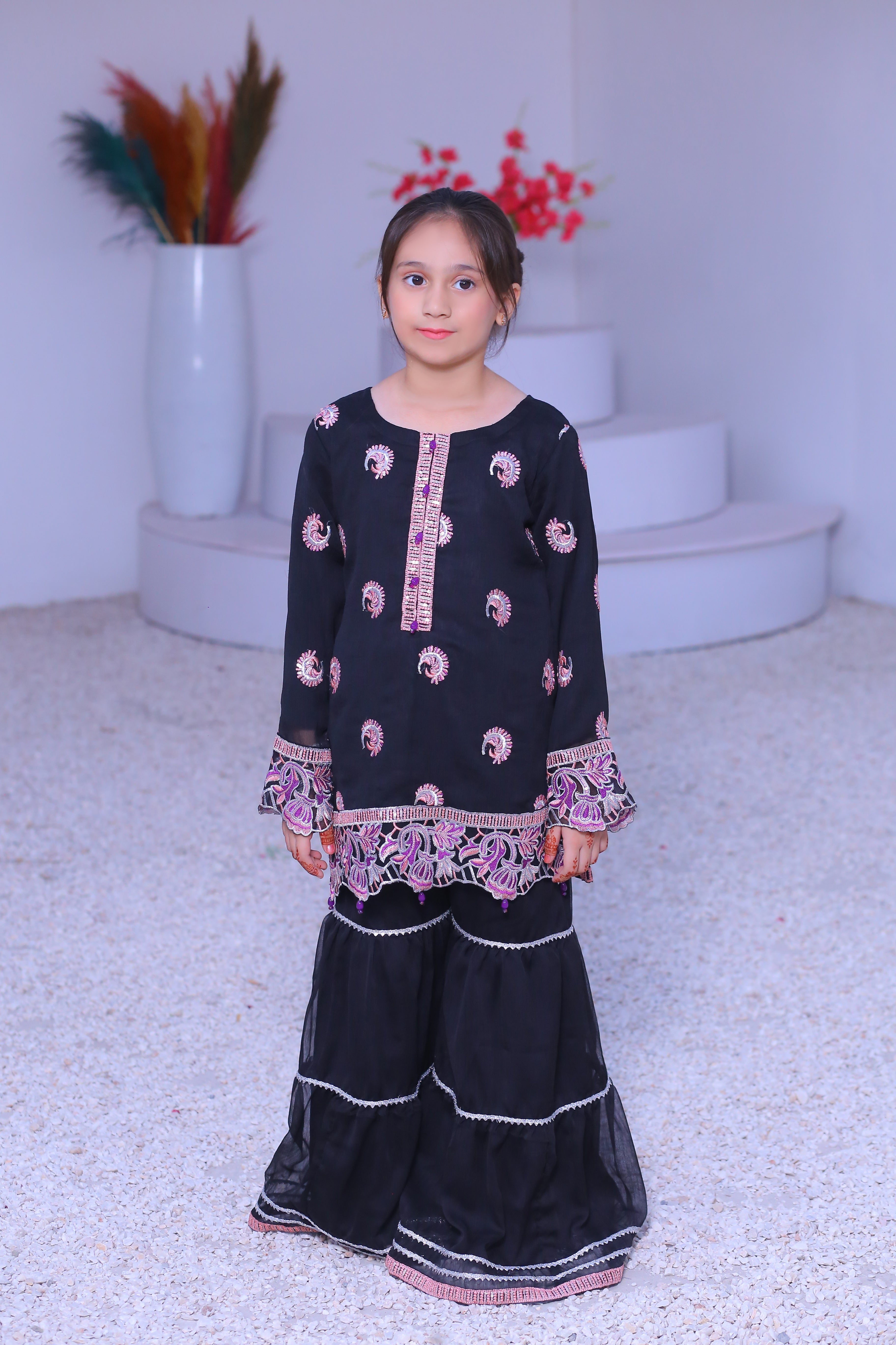 3 piece Black Embroidered Silver sequence Work Chiffon Gharara Suit with Baby Pink Chiffon Dupatta & Silver Laces with Purple Tusseles.(Stitch)