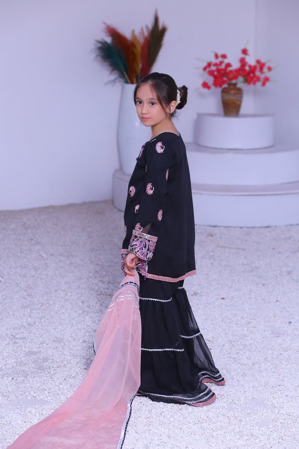 3 piece Black Embroidered Silver sequence Work Chiffon Gharara Suit with Baby Pink Chiffon Dupatta & Silver Laces with Purple Tusseles.(Stitch)