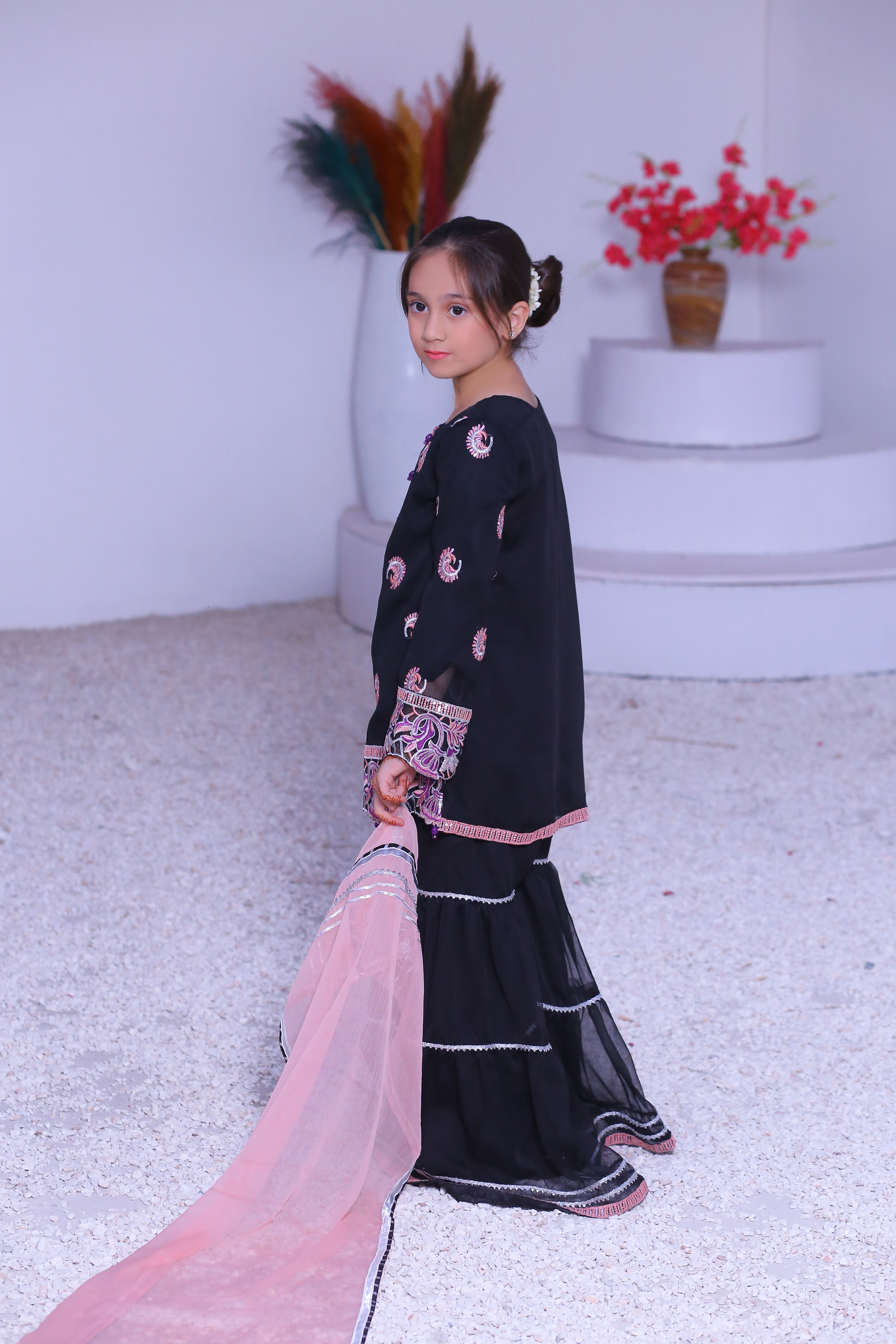 3 piece Black Embroidered Silver sequence Work Chiffon Gharara Suit with Baby Pink Chiffon Dupatta & Silver Laces with Purple Tusseles.(Stitch)