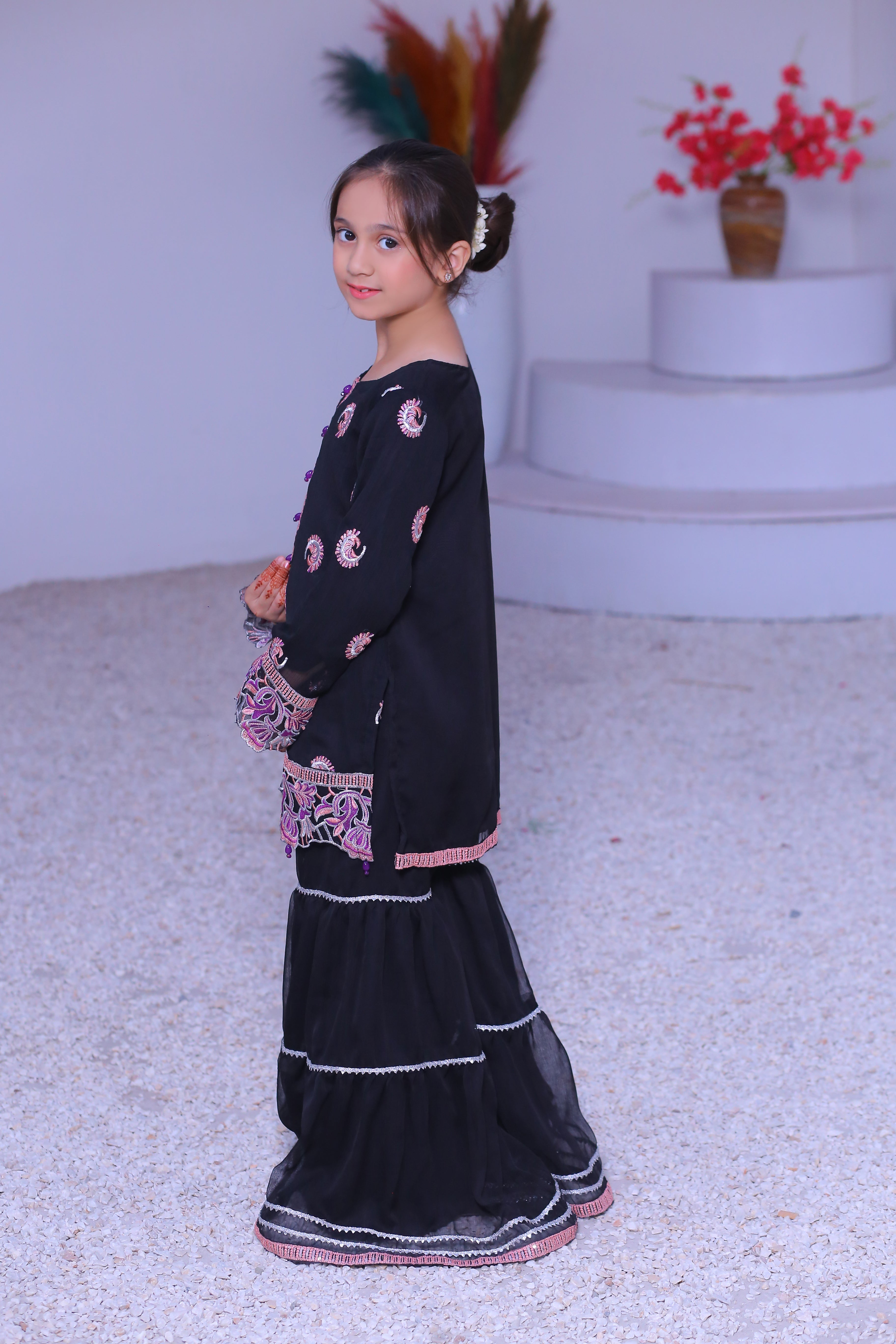 3 piece Black Embroidered Silver sequence Work Chiffon Gharara Suit with Baby Pink Chiffon Dupatta & Silver Laces with Purple Tusseles.(Stitch)