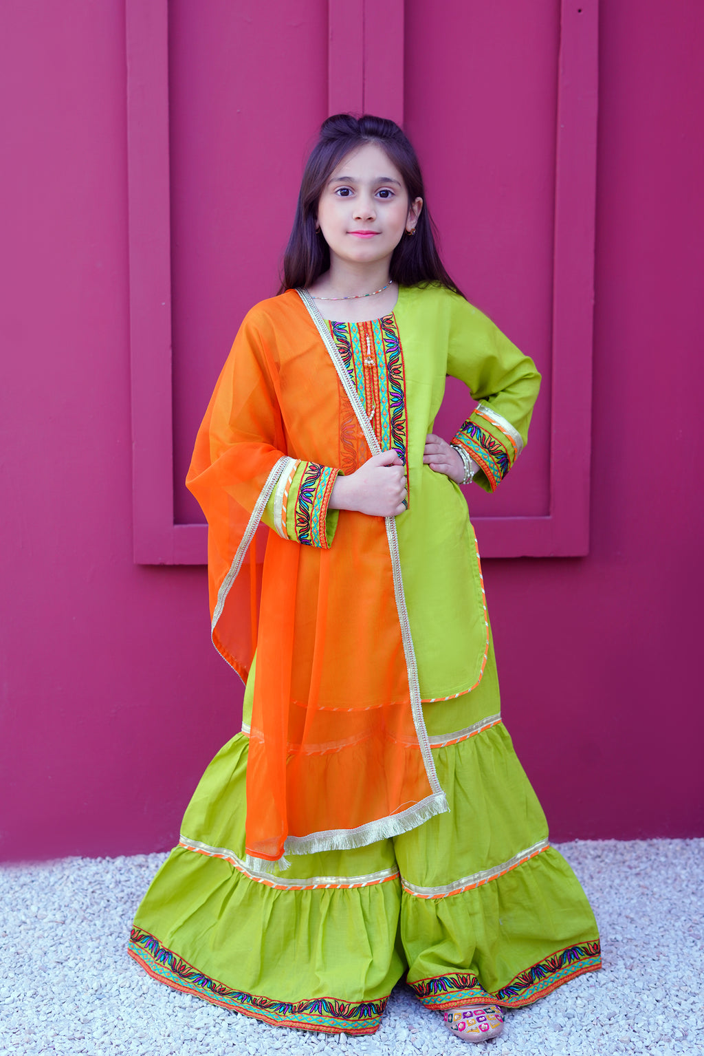 3 piece Dhani(Green) Embroidered Cotton Gharara Suit with Orange Chiffon Dupatta & Laces.(Stitch)