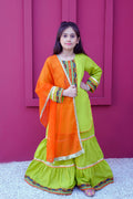 3 piece Dhani(Green) Embroidered Cotton Gharara Suit with Orange Chiffon Dupatta & Laces.(Stitch)