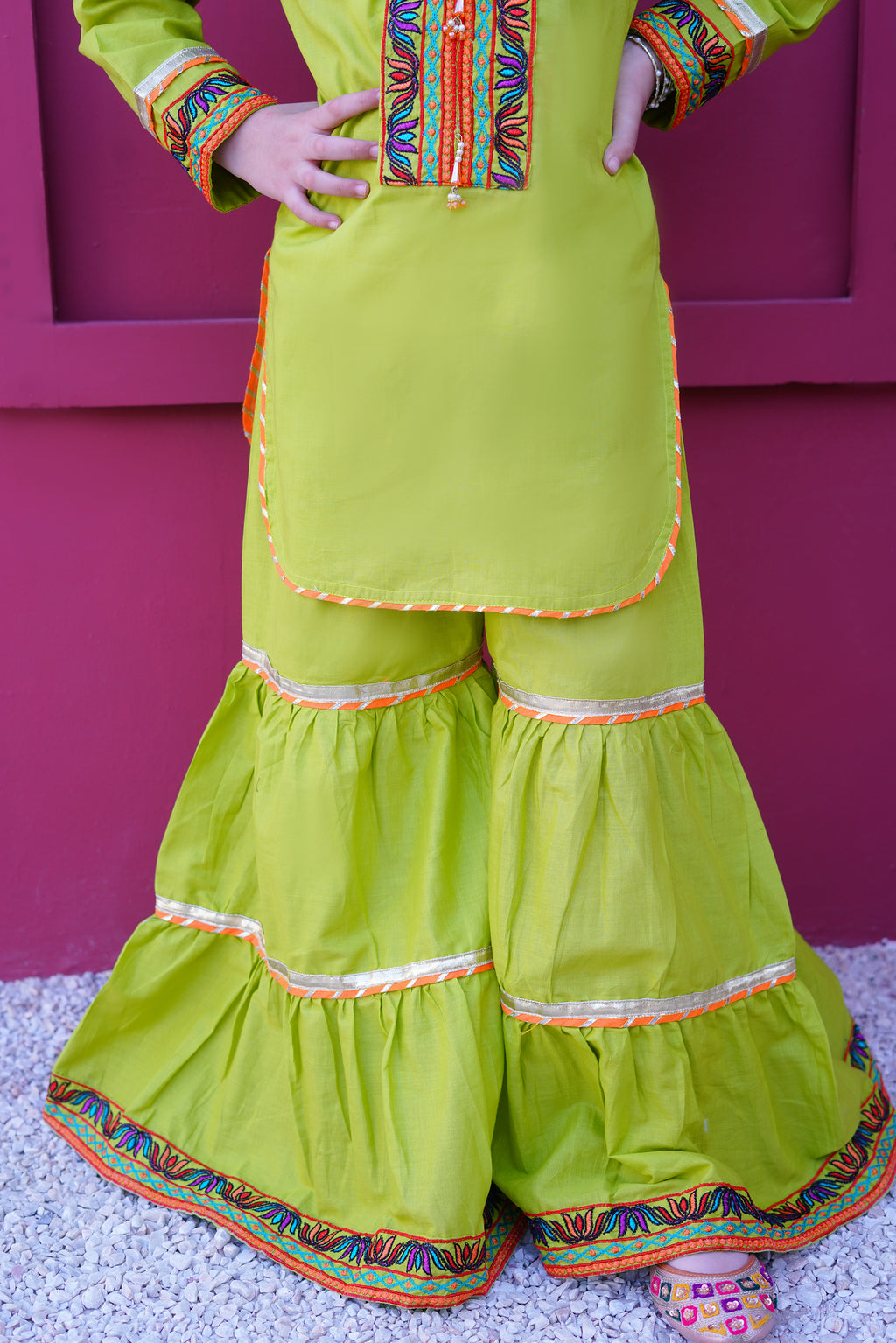 3 piece Dhani(Green) Embroidered Cotton Gharara Suit with Orange Chiffon Dupatta & Laces.(Stitch)