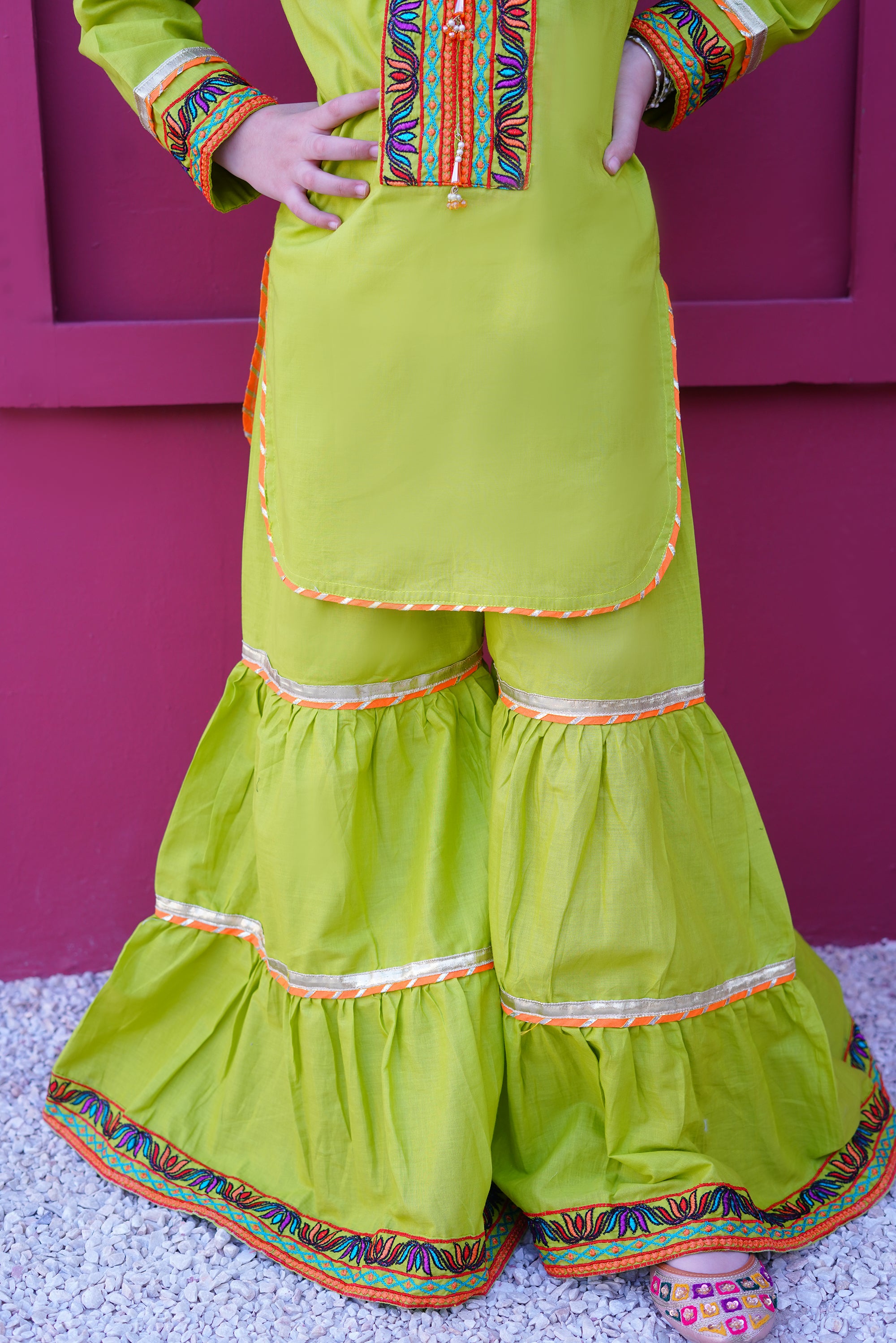 3 piece Dhani(Green) Embroidered Cotton Gharara Suit with Orange Chiffon Dupatta & Laces.(Stitch)