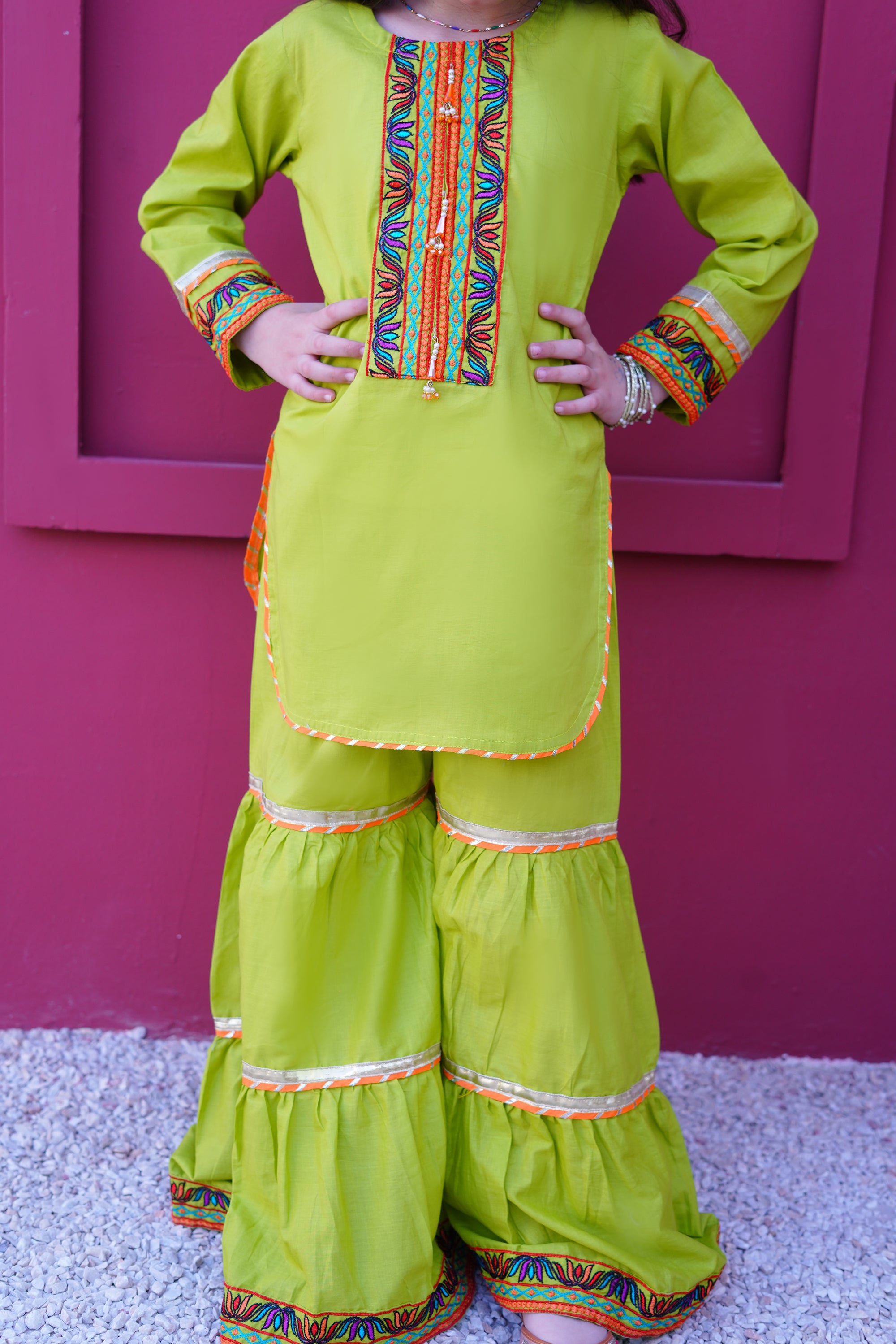 3 piece Dhani(Green) Embroidered Cotton Gharara Suit with Orange Chiffon Dupatta & Laces.(Stitch)