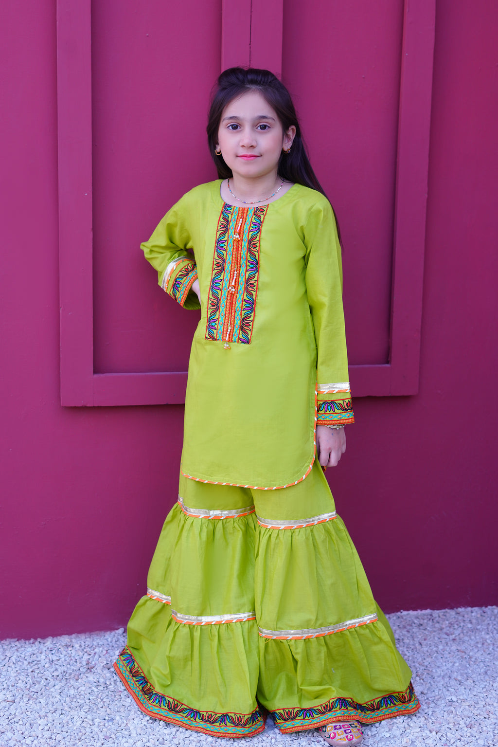 3 piece Dhani(Green) Embroidered Cotton Gharara Suit with Orange Chiffon Dupatta & Laces.(Stitch)