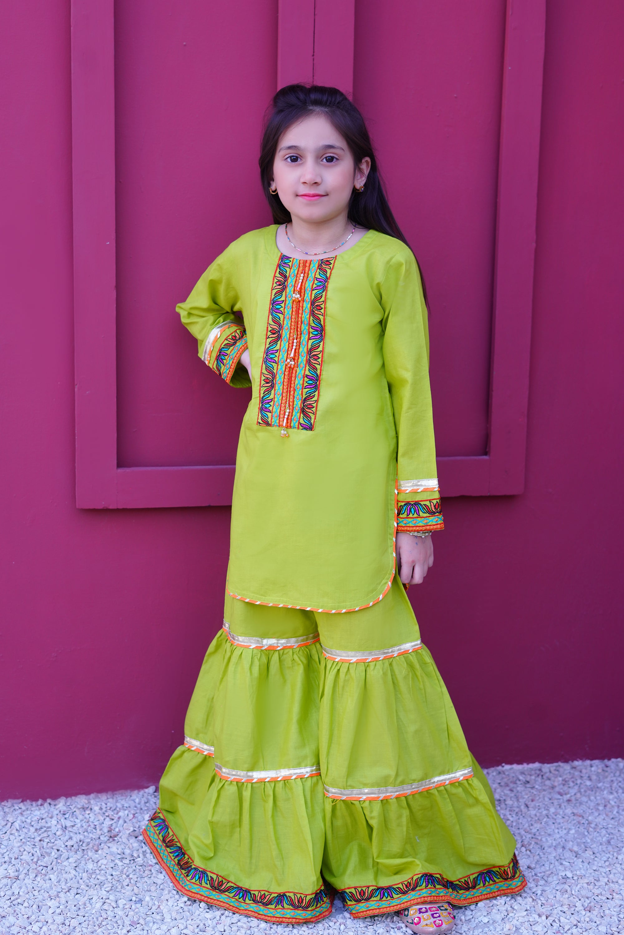 3 piece Dhani(Green) Embroidered Cotton Gharara Suit with Orange Chiffon Dupatta & Laces.(Stitch)