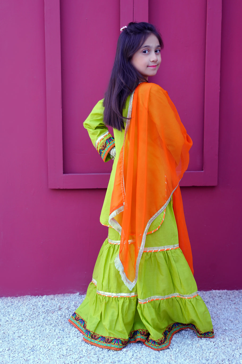 3 piece Dhani(Green) Embroidered Cotton Gharara Suit with Orange Chiffon Dupatta & Laces.(Stitch)