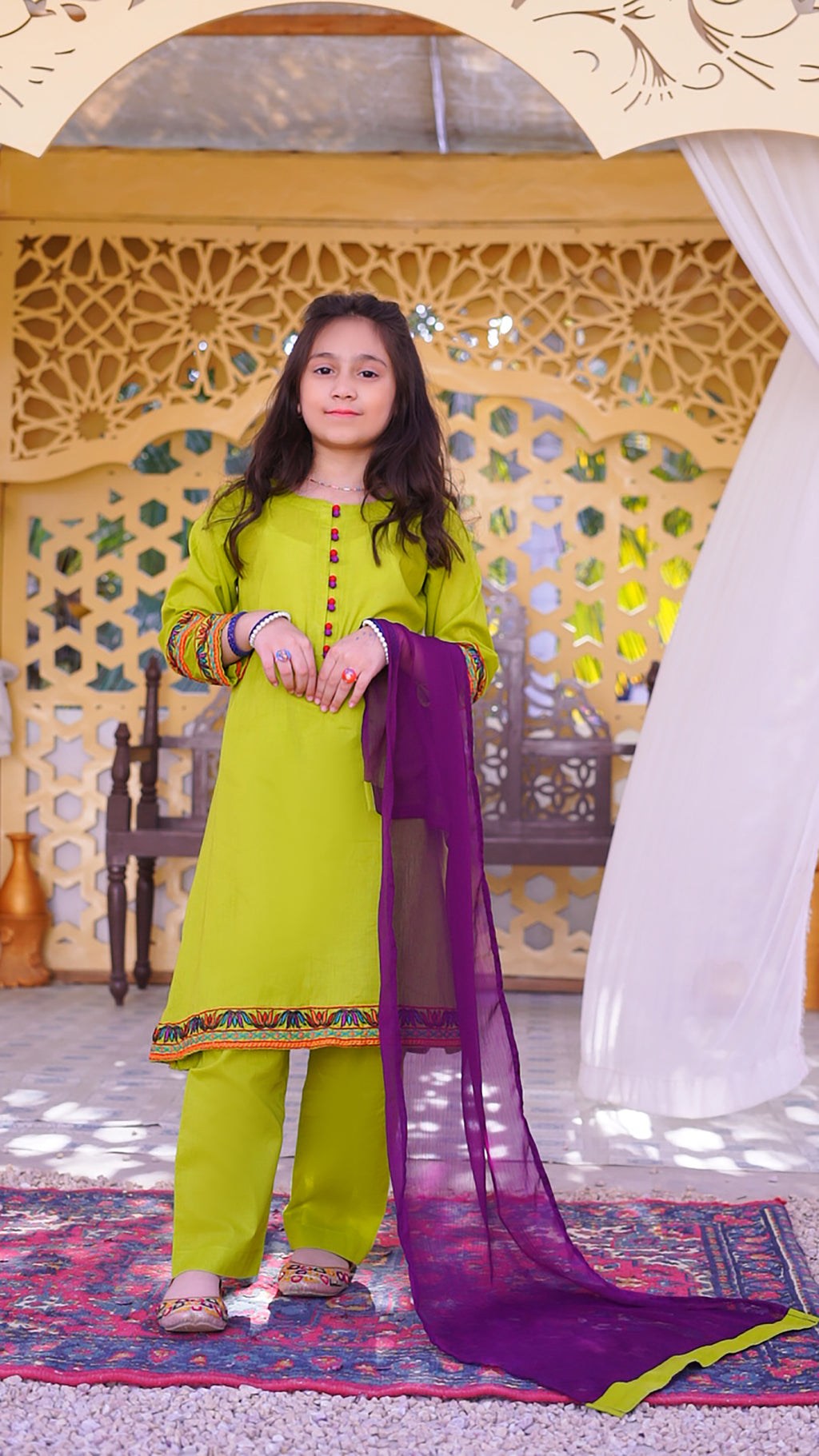 3 piece Dhani(Green) Embroidered Cotton Airline Frock Suit with Purple Chiffon Dupatta & Laces.(Stitch).