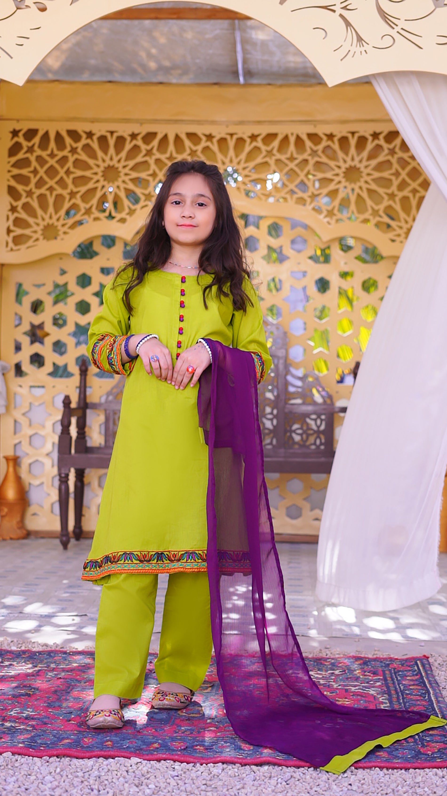 3 piece Dhani(Green) Embroidered Cotton Airline Frock Suit with Purple Chiffon Dupatta & Laces.(Stitch).