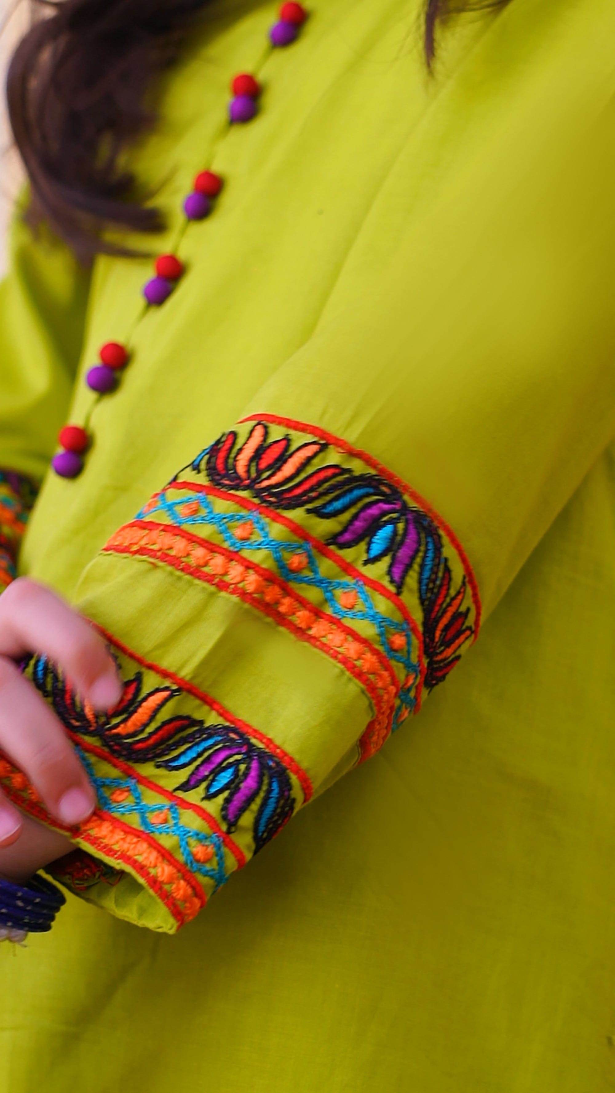 3 piece Dhani(Green) Embroidered Cotton Airline Frock Suit with Purple Chiffon Dupatta & Laces.(Stitch).