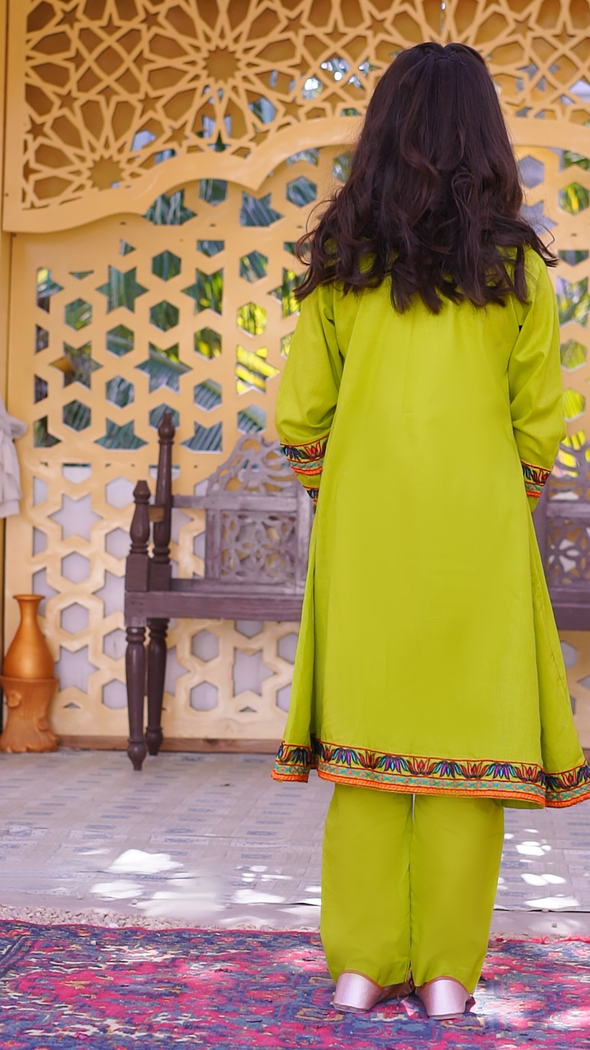 3 piece Dhani(Green) Embroidered Cotton Airline Frock Suit with Purple Chiffon Dupatta & Laces.(Stitch).