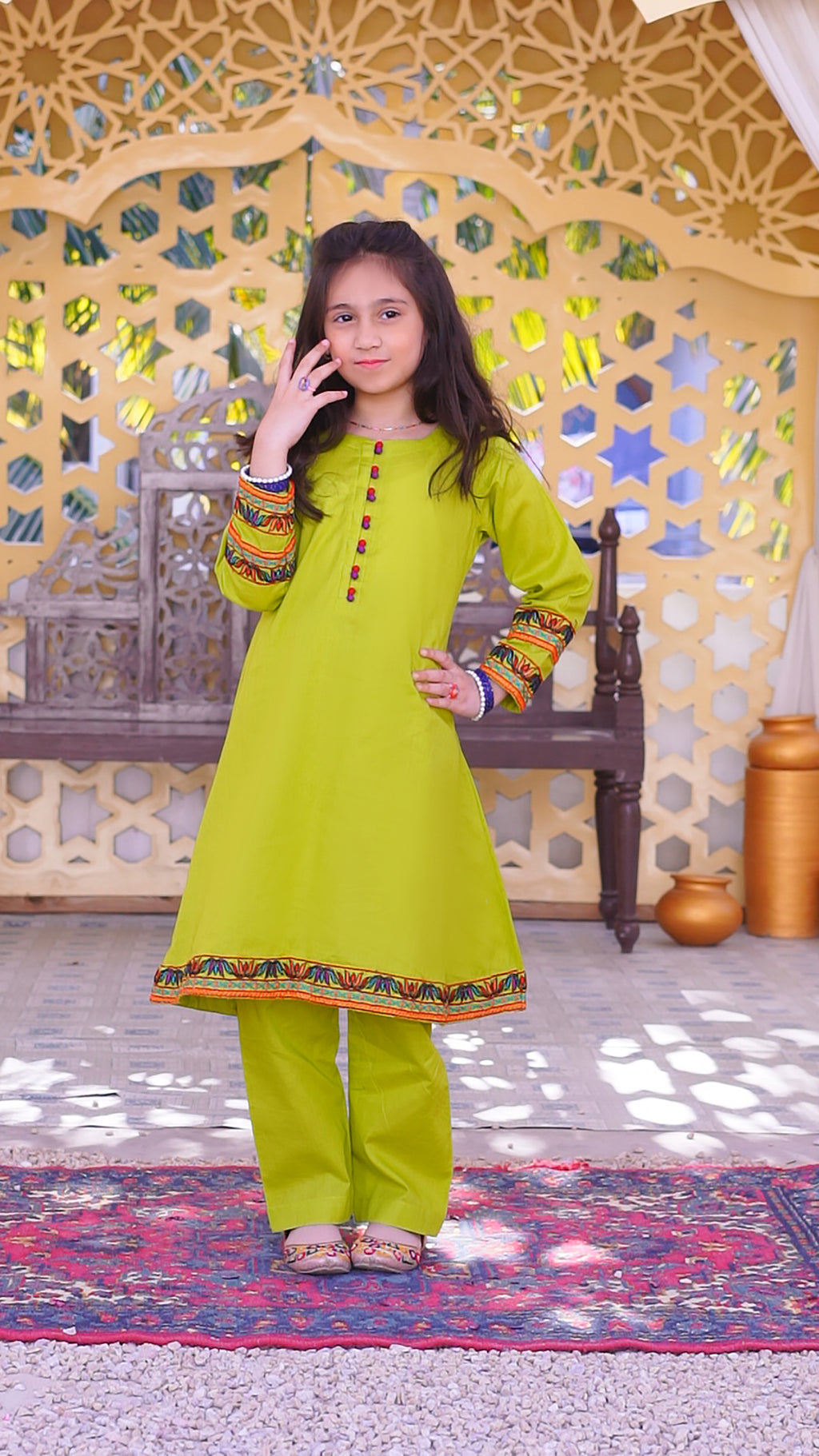 3 piece Dhani(Green) Embroidered Cotton Airline Frock Suit with Purple Chiffon Dupatta & Laces.(Stitch).